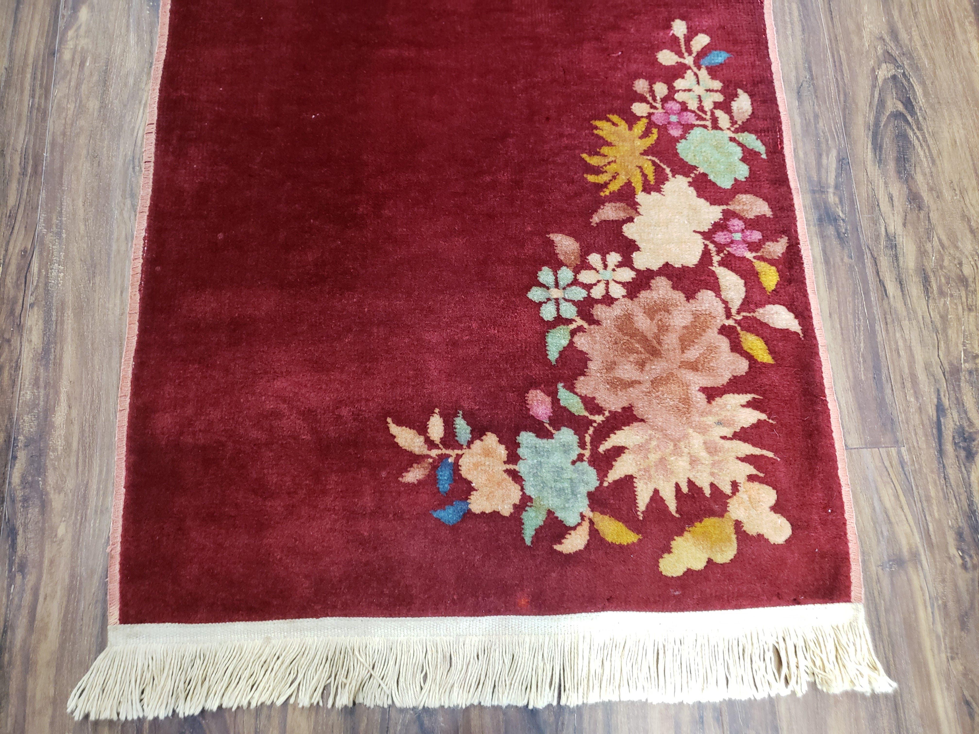 Small Chinese Art Deco Rug, Maroon Art Deco Carpet 2x4 Rug, Floral Nichols Rug, Peking Rug, Antique Deco Asian Decor, Handmade, Wool, Pair A - Jewel Rugs