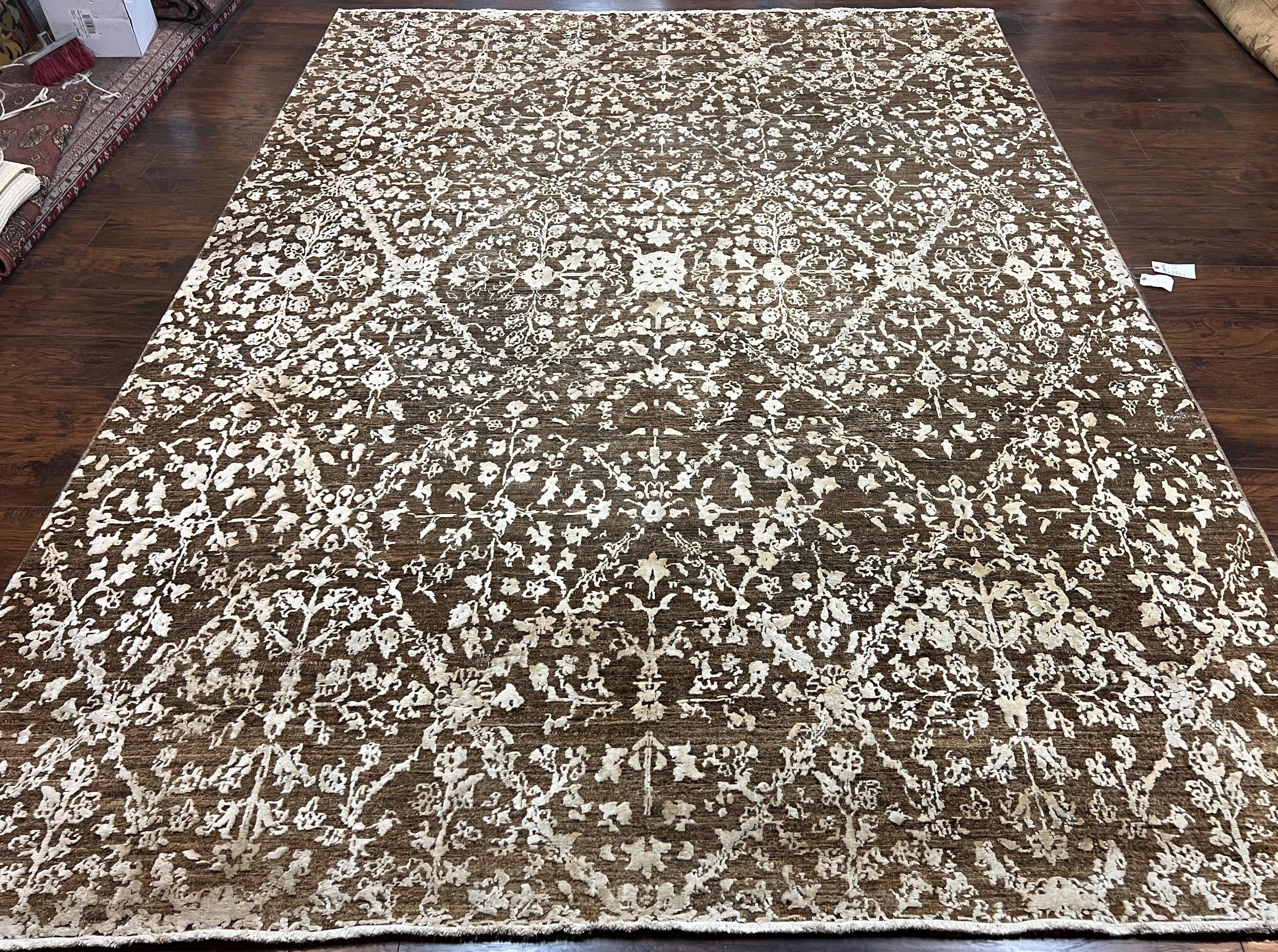 Modern Hand Knotted Rug 9x12, Contemporary Pakistani Oriental Carpet, Brown Area Rug, Wool Floral Rug 9 x 12 ft, Contemporary Room SIzed Rug - Jewel Rugs