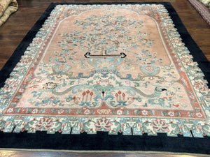 Antique Chinese Wool Rug 9x12, Chinese Peking Fete Carpet 9 x 12 ft, Pink Black Cream Light Blue, Handmade Hand Knotted Asian Art Deco Rug