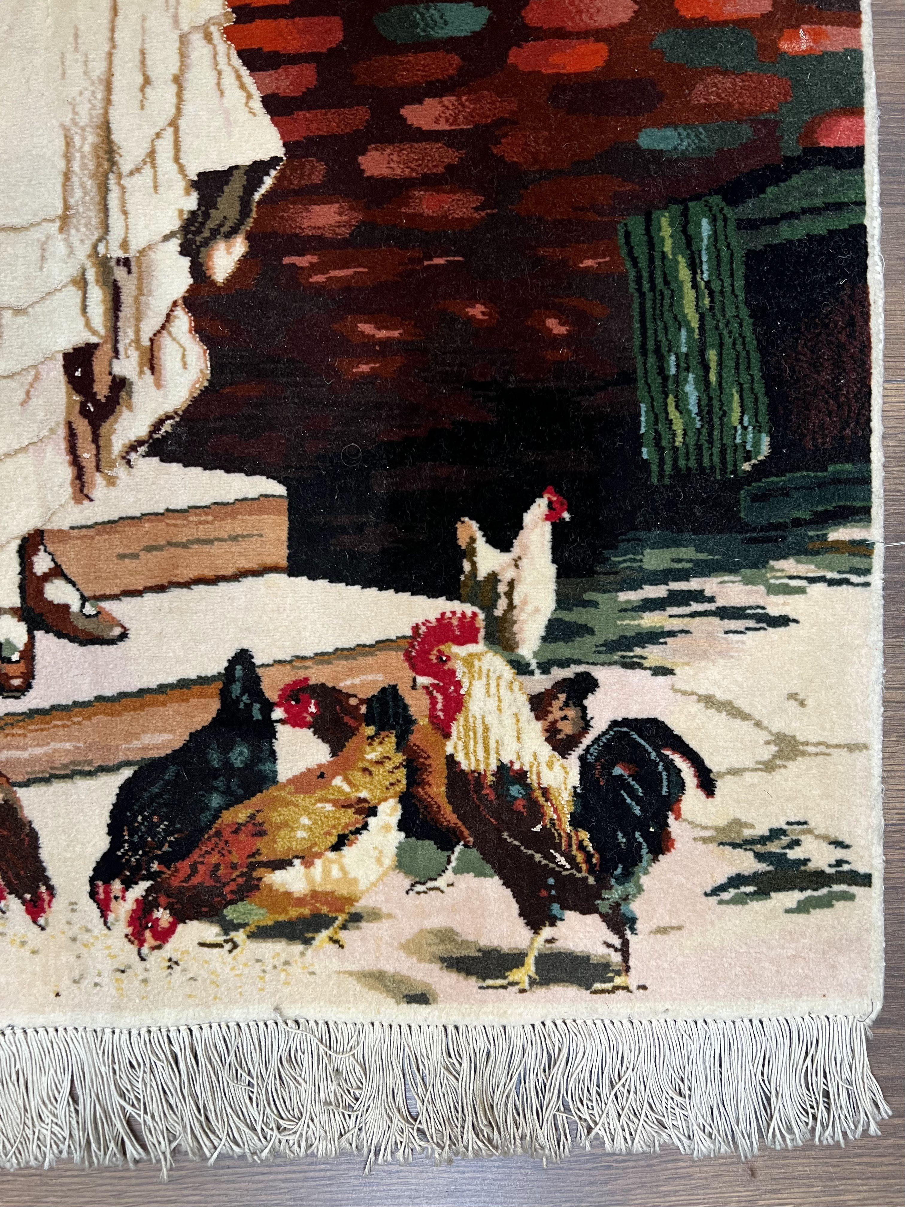 Persian Tabriz Pictorial Rug 2x3, Fine High KPSI Pictorial Carpet, Lady in Front of Home with Chickens 2 x 3 ft Oriental Rug Vintage Handmade Wool - Jewel Rugs