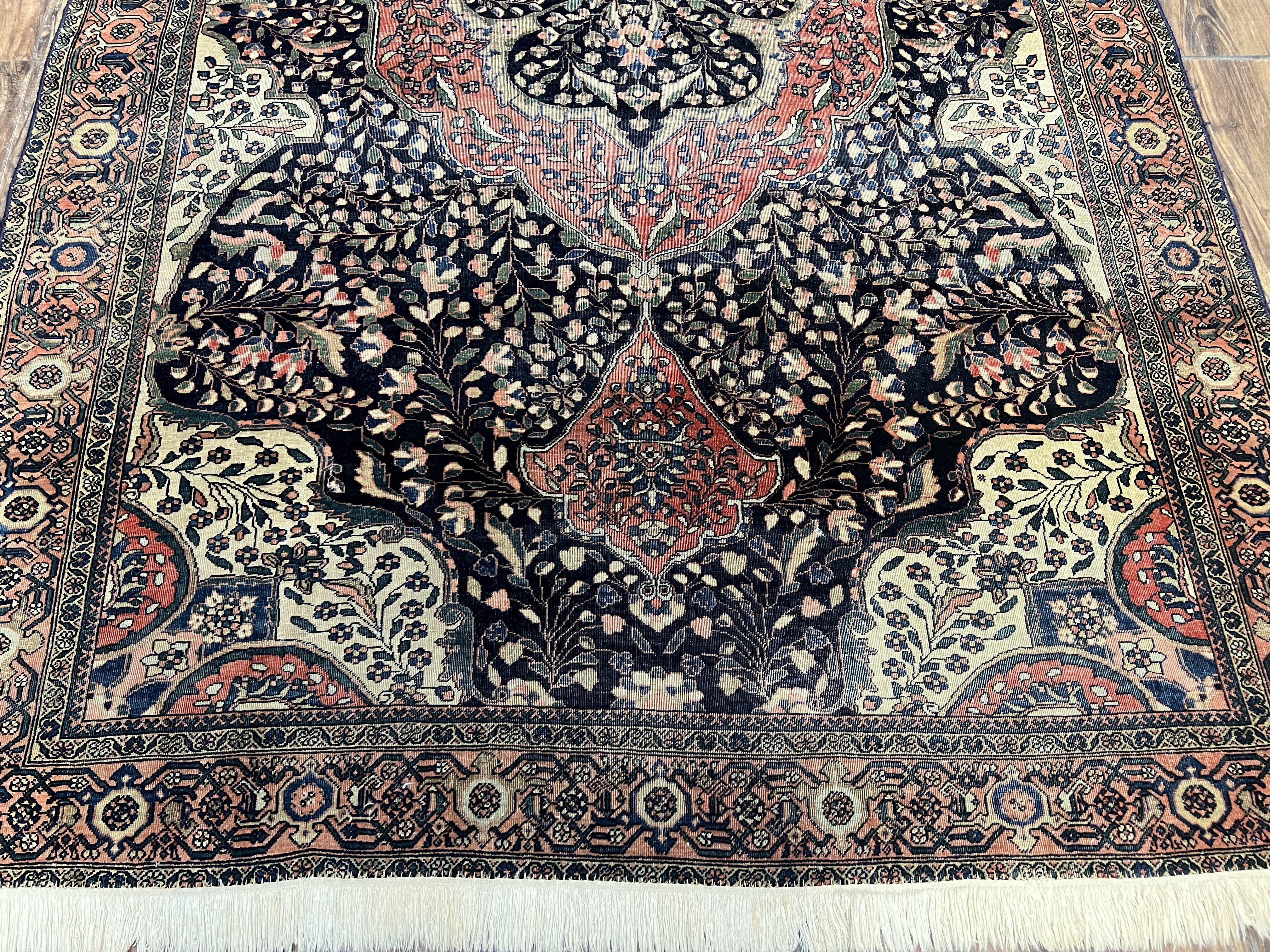 Antique Persian Sarouk Farahan Rug 4.4 x 6.7, Collectible Persian Carpet, Very Fine 1880s Late 19th Century Rug, Floral Medallion, Black Red Oriental Rug - Jewel Rugs