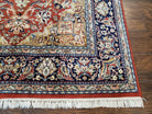 Vintage Indo Persian Oriental Rug 6 x 9.6, Wool Hand-Knotted Red Dark Blue & Gold Indian Carpet, 6 x 9 Office Room Rug, Floral Medallion - Jewel Rugs