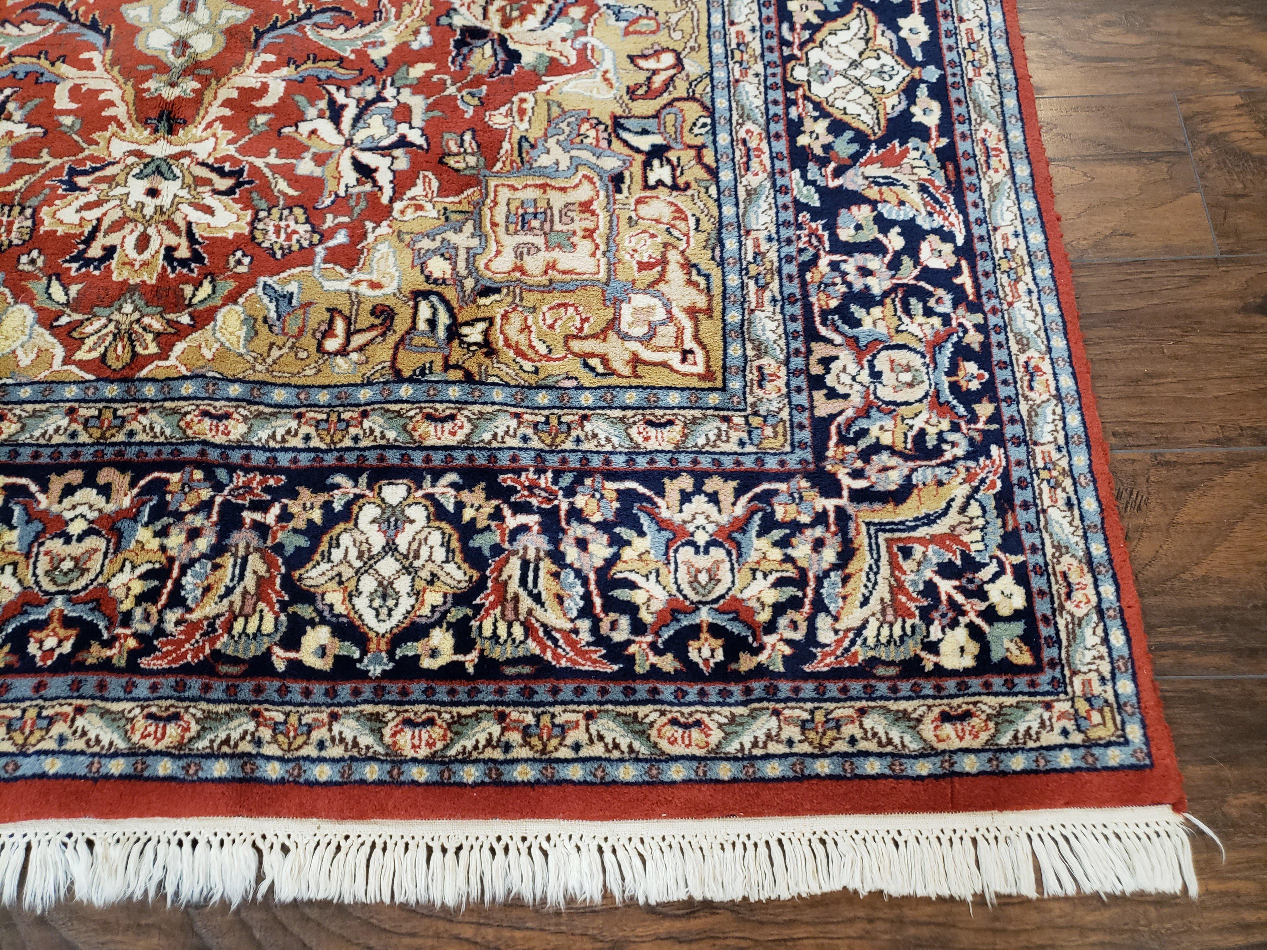 Vintage Indo Persian Oriental Rug 6 x 9.6, Wool Hand-Knotted Red Dark Blue & Gold Indian Carpet, 6 x 9 Office Room Rug, Floral Medallion - Jewel Rugs