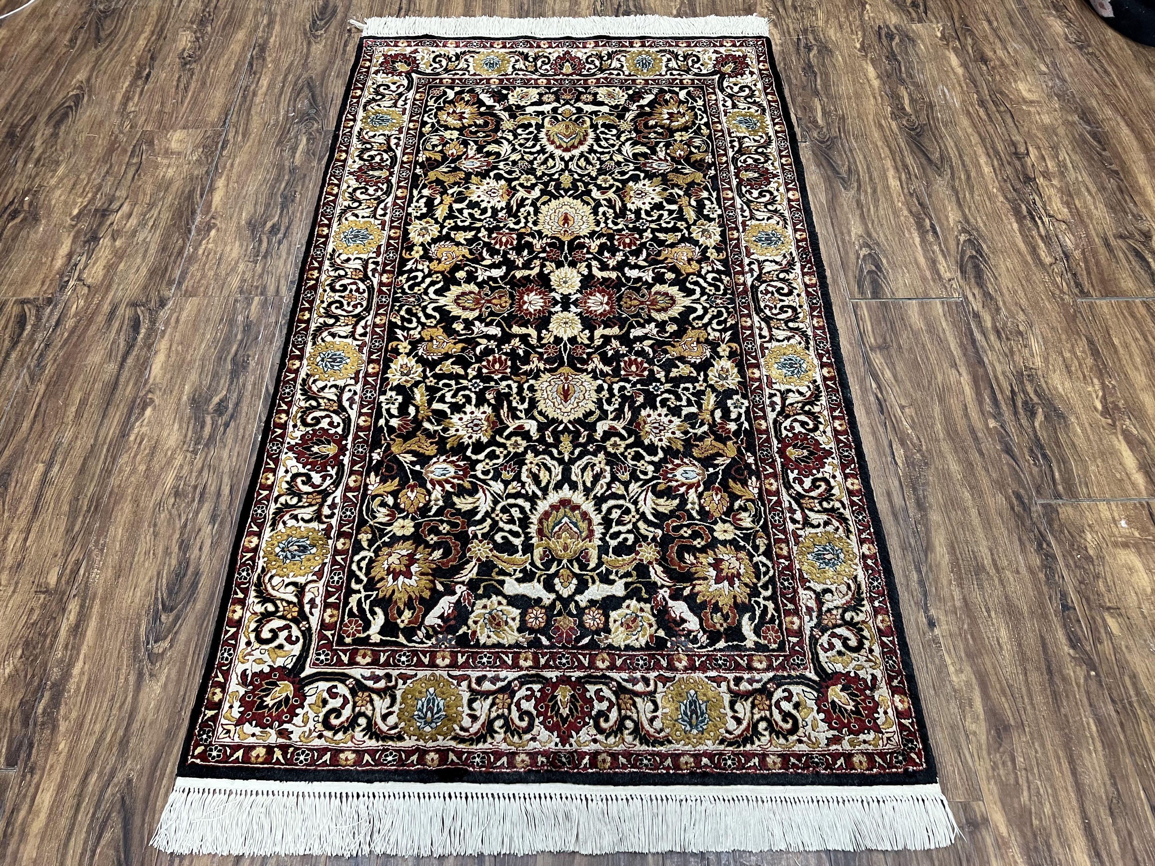 Sino Persian Silk Rug 3x5 Oriental Carpet 3 x 5 Fine Silk Rug, Black Ivory Gold, Animal Motifs, Flowers, High Quality, Vintage Silk Rug Wow - Jewel Rugs