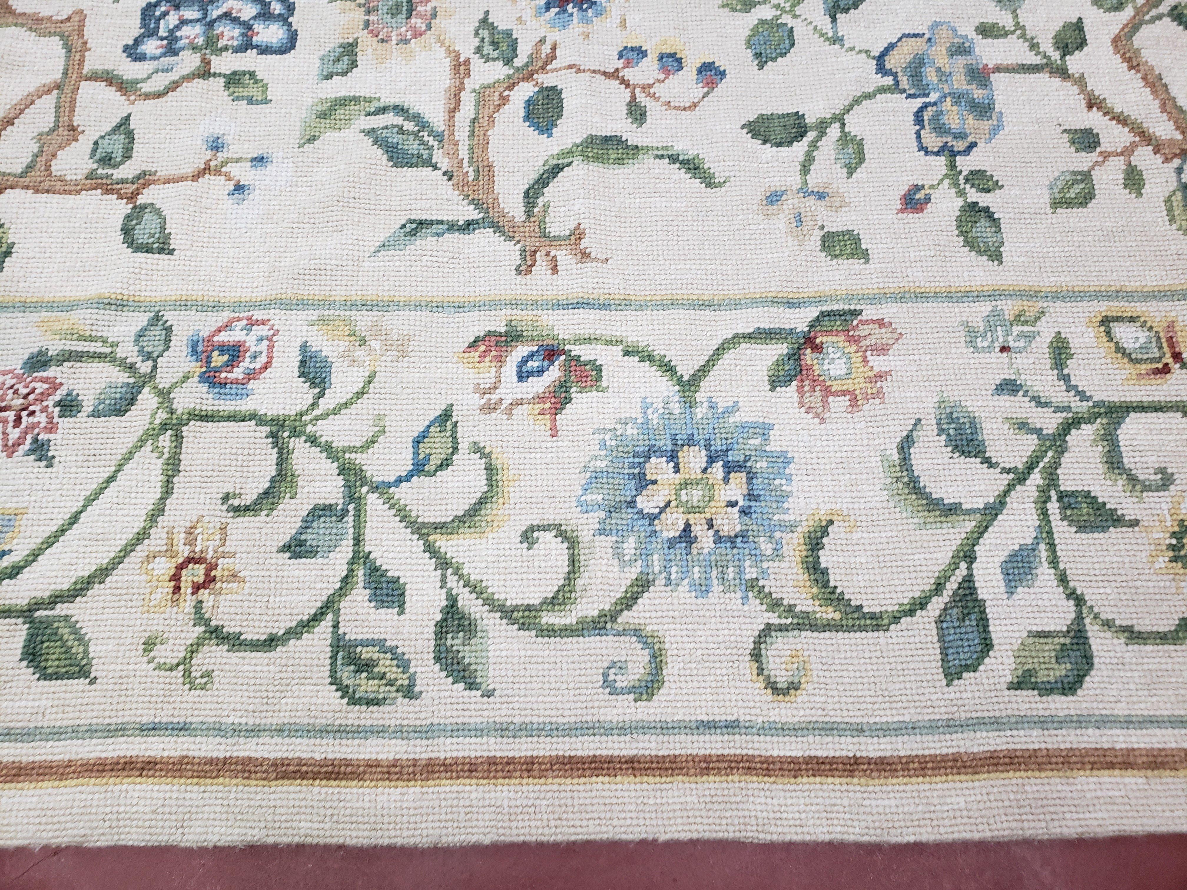 New Needlepoint Floral Carpet 9x12, Handmade Area Rug, Flatweave Carpet, Ivory Background, Blue Flowers, Wool Needlepoint Rug - Jewel Rugs