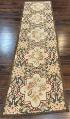 Needlepoint Runner Rug 2.8 x 9.8, Brown and Beige, Handwoven Handmade Floral French European Design, Vintage Flatweave 10ft Wool Runner Rug - Jewel Rugs