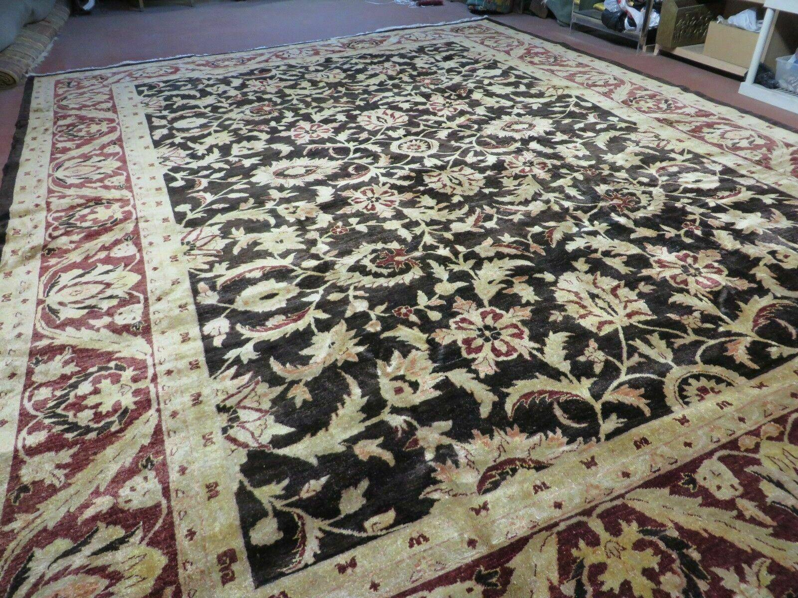 11' X 15' Vintage Hand Knotted Indian Agra Wool Rug Hand Made Dark Brown Floral - Jewel Rugs