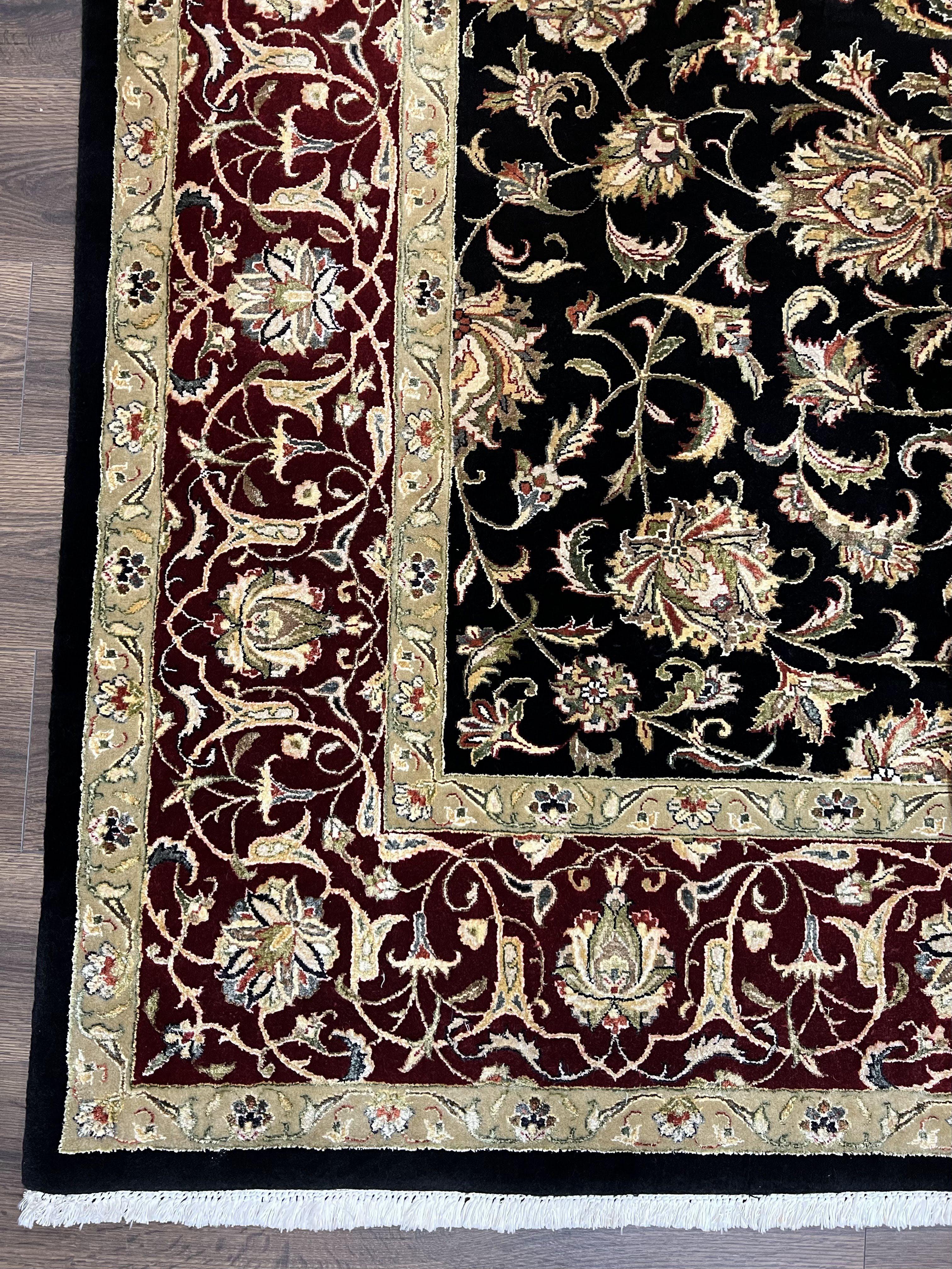 Indo Persian Rug 8x10, Black and Maroon Floral Allover Wool and Silk Oriental Carpet 8 x 10 ft, Hand Knotted Traditional Vintage Room Sized - Jewel Rugs