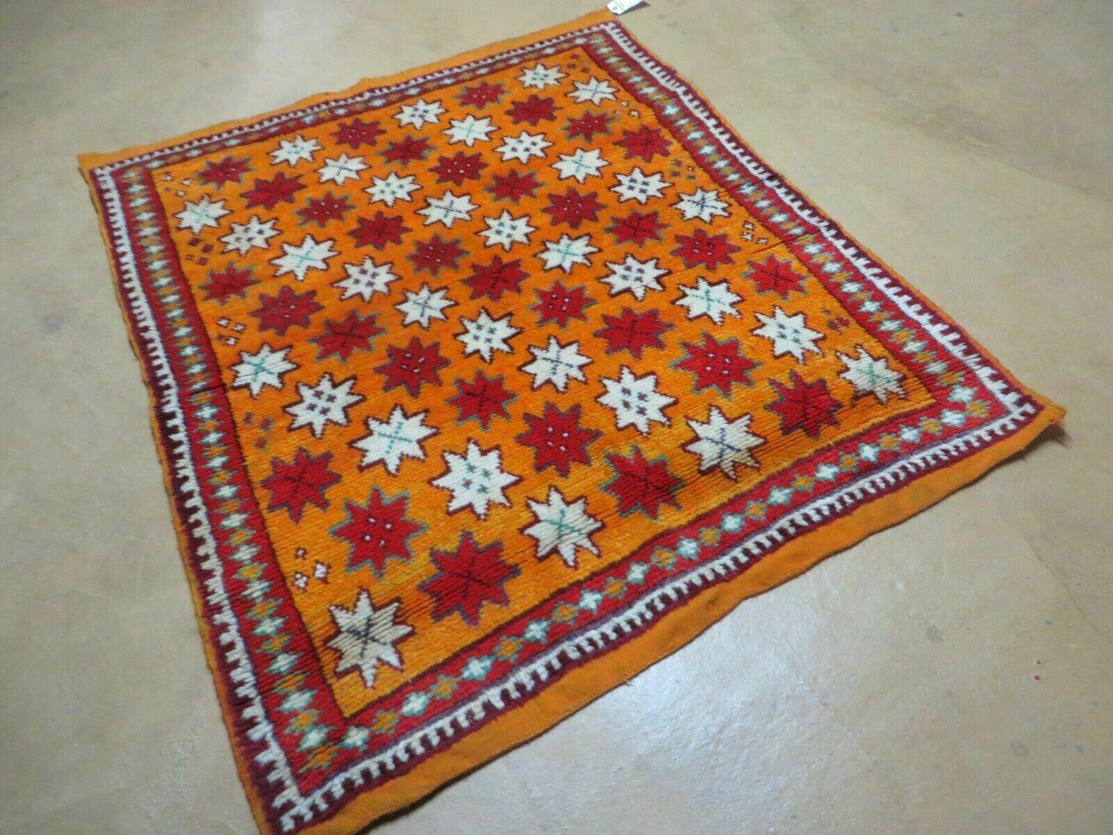 Vintage Moroccan Rug 4x5, Orange Ivory Red, Geometric Stars, Repeated Motif Allover, Hand Knotted Soft Wool Area Rug, Tribal Oriental Carpet - Jewel Rugs