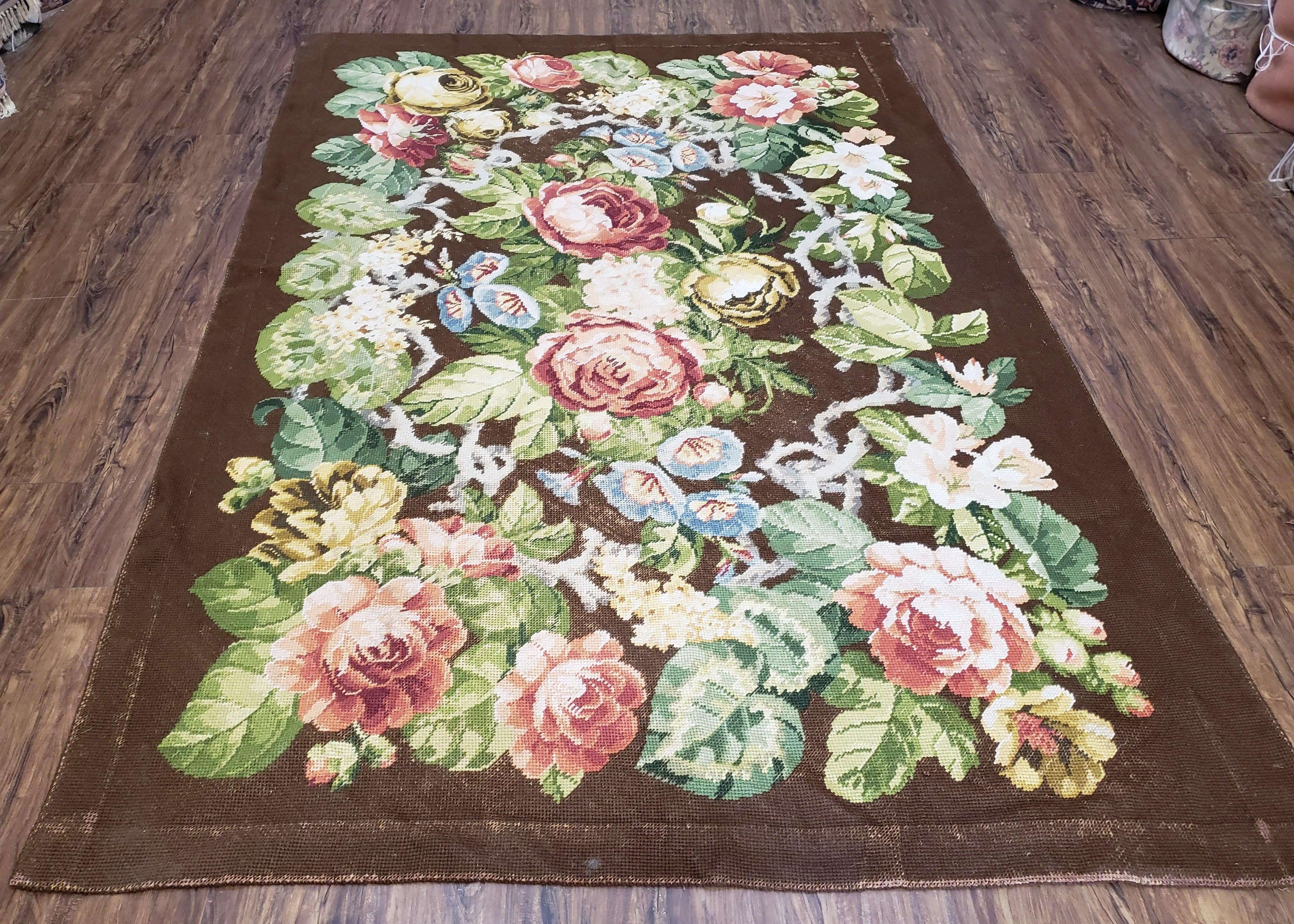 Floral Needlepoint Rug, Medium Rug, Vintage Area Rug, Handmade Flat Weave Rug, Dark Brown Rug, Multicolor Large Colorful Flowers, 5x8 - 6x8 - Jewel Rugs