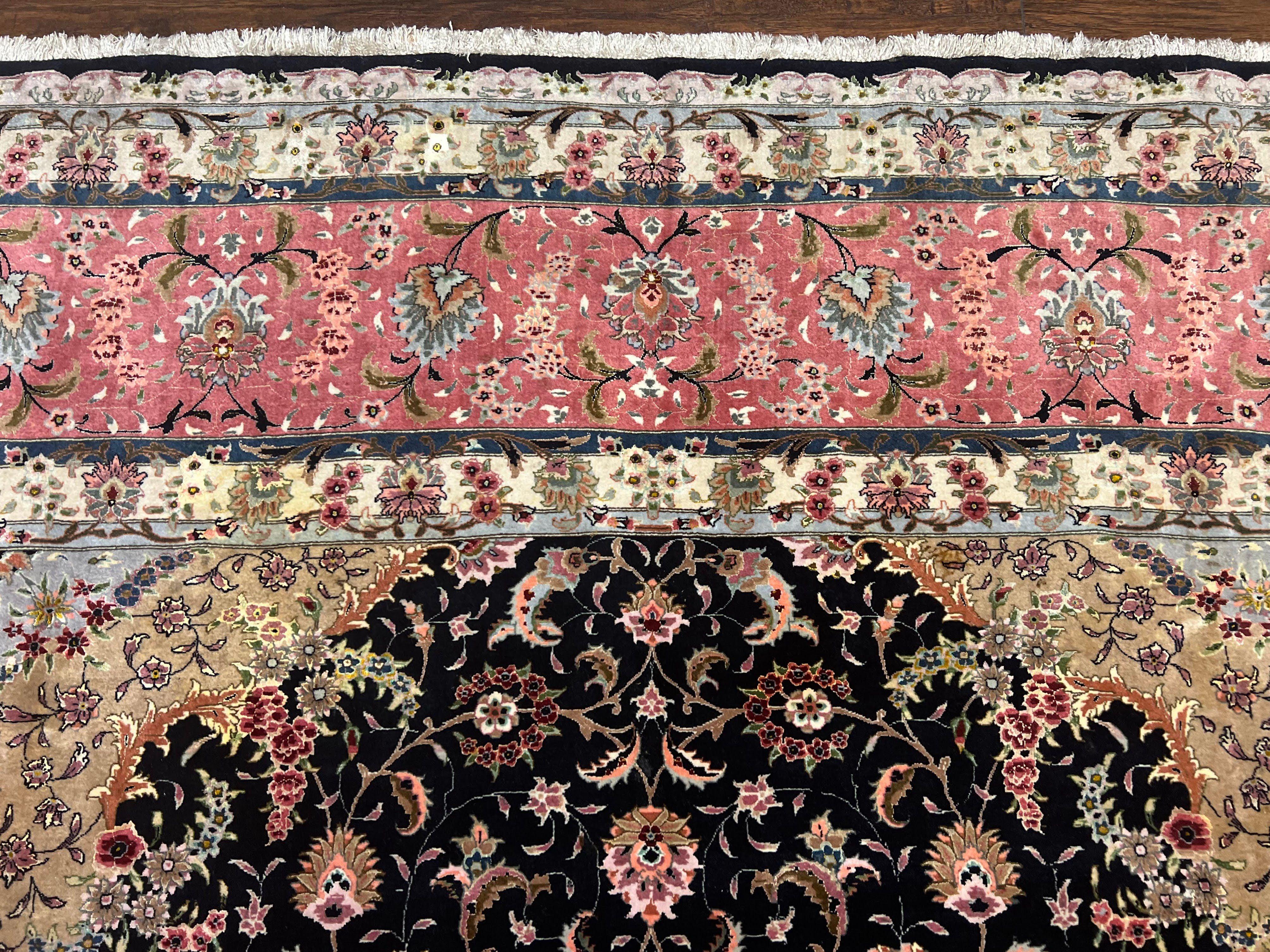 Magnificent Persian Tabriz Rug 11x16, Oversized Persian Carpet 11 x 16 ft, Wool on Silk Finely Hand Knotted, 450 KPSI, Floral Medallion, Black Pink - Jewel Rugs