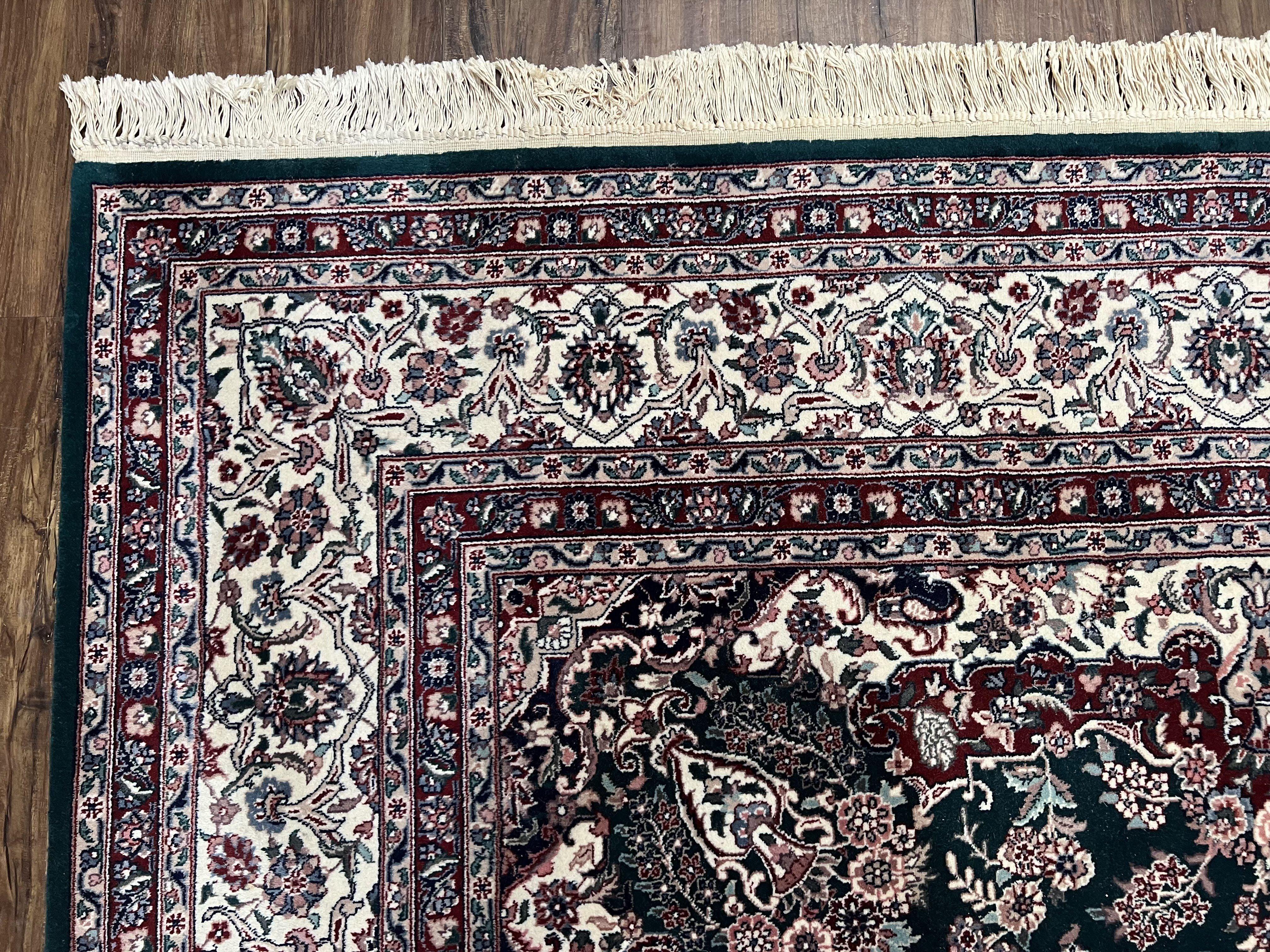 Indo Persian Rug 8x10 Area Rug, Vintage Rug 8 x 10 Oriental Carpet Hand-Knotted Room Sized Wool Rug Green and Ivory Allover Floral Medallion - Jewel Rugs