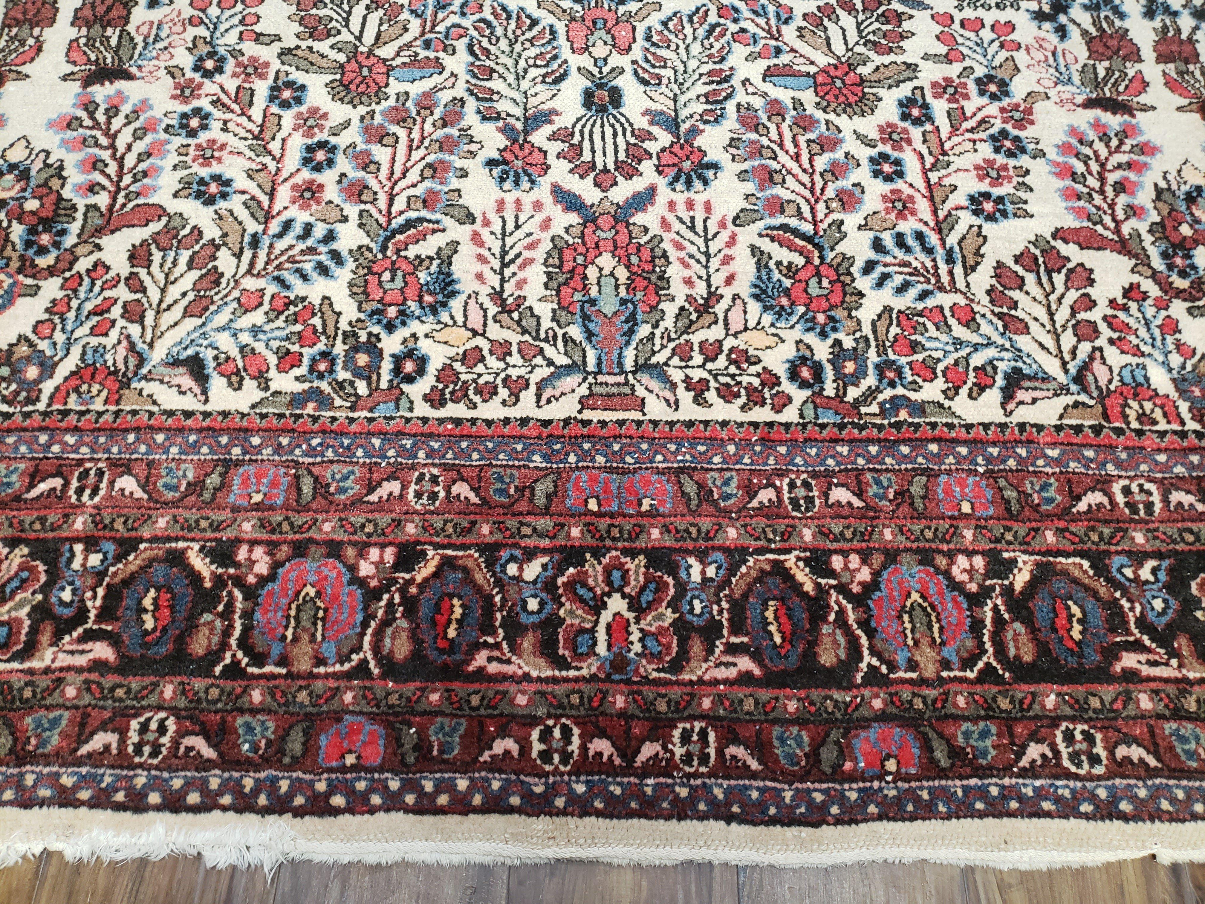 Semi Antique Persian Hamadan Dargazin Rug, Ivory Red Midnight Blue, Hand-Knotted, Wool, Allover Floral, 8'9" x 11' 9" - Jewel Rugs