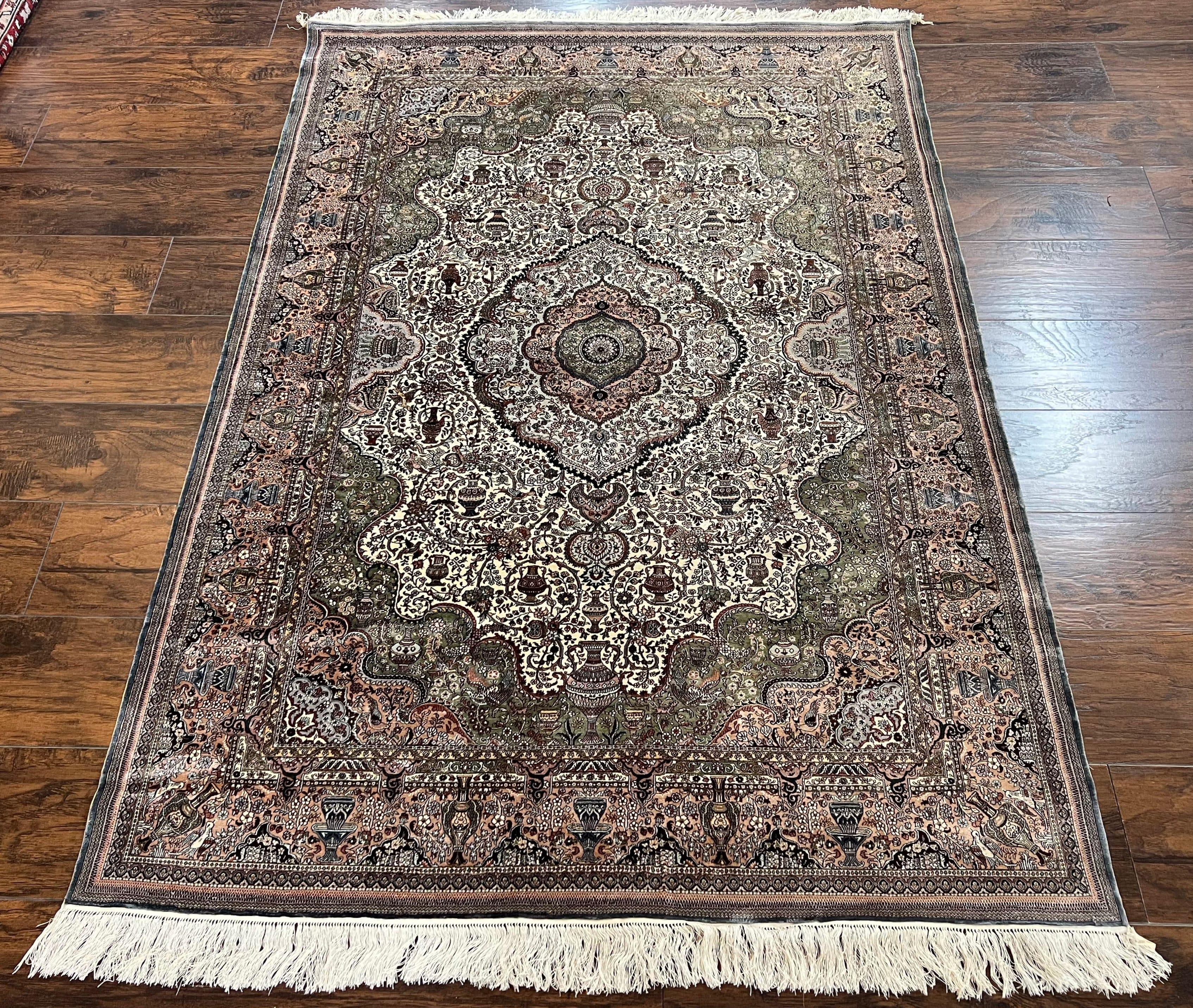 Very Fine Sino Persian Silk Rug 4x6, Floral Medallion, Hand Knotted, Silk Pile on Silk Foundation, Ivory, Vintage Handmade Oriental Carpet - Jewel Rugs