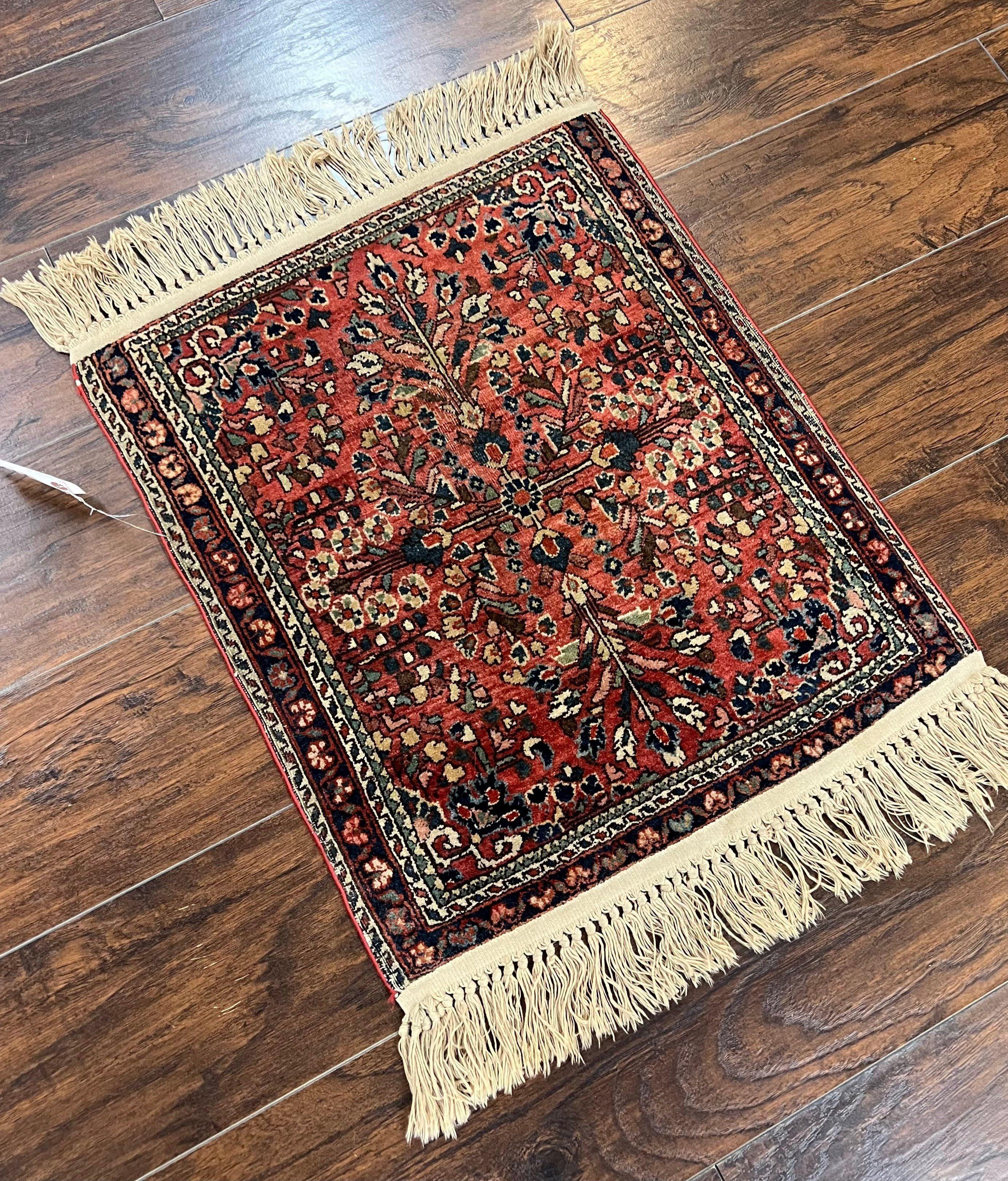 Antique Persian Sarouk Rug 2x3, Small Wool Persian Carpet 2 x 3 ft, Floral, Red Navy Blue Cream, Hand Knotted Small Traditional Oriental Accent Rug - Jewel Rugs