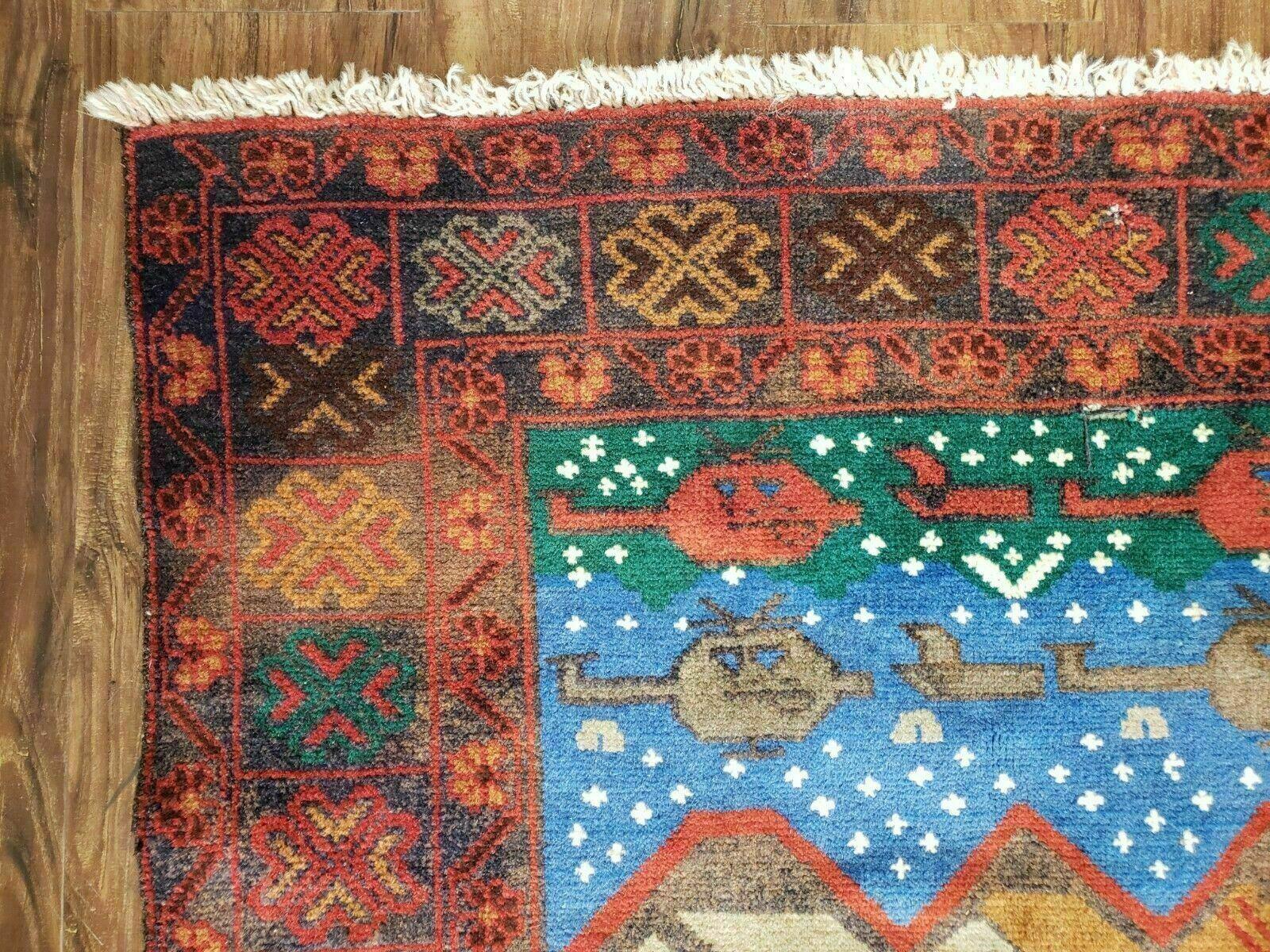 3' 2" X 6" Handmade Afghan Balouch Tribal Wool War Rug Tank Helicopter Tree Wow - Jewel Rugs