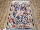 Semi Antique Persian Sarouk Rug, Vases & Flower Design, Dark Blue & Pale Red, Hand-Knotted, Wool, 3'8" x 5'3" - Jewel Rugs