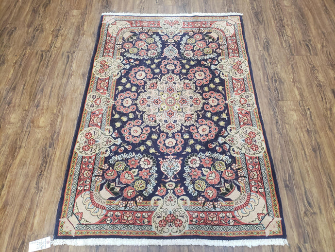 Semi Antique Persian Sarouk Rug, Vases & Flower Design, Dark Blue & Pale Red, Hand-Knotted, Wool, 3'8