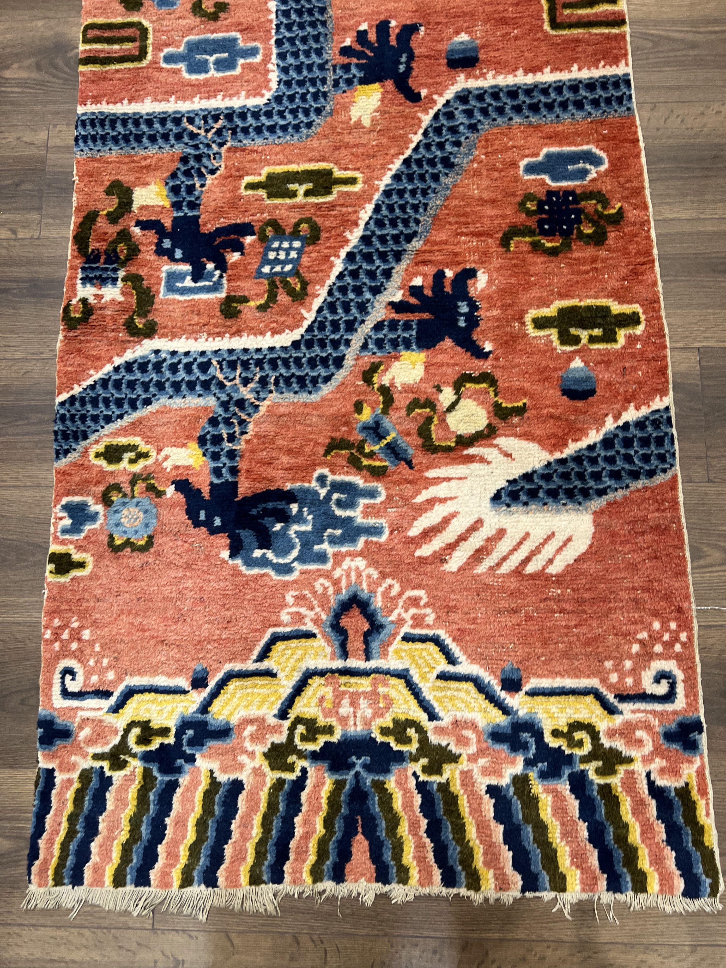 Rare Chinese Ningxia Pillar Rug 3x8, Late Qing Dynasty, 5 Clawed