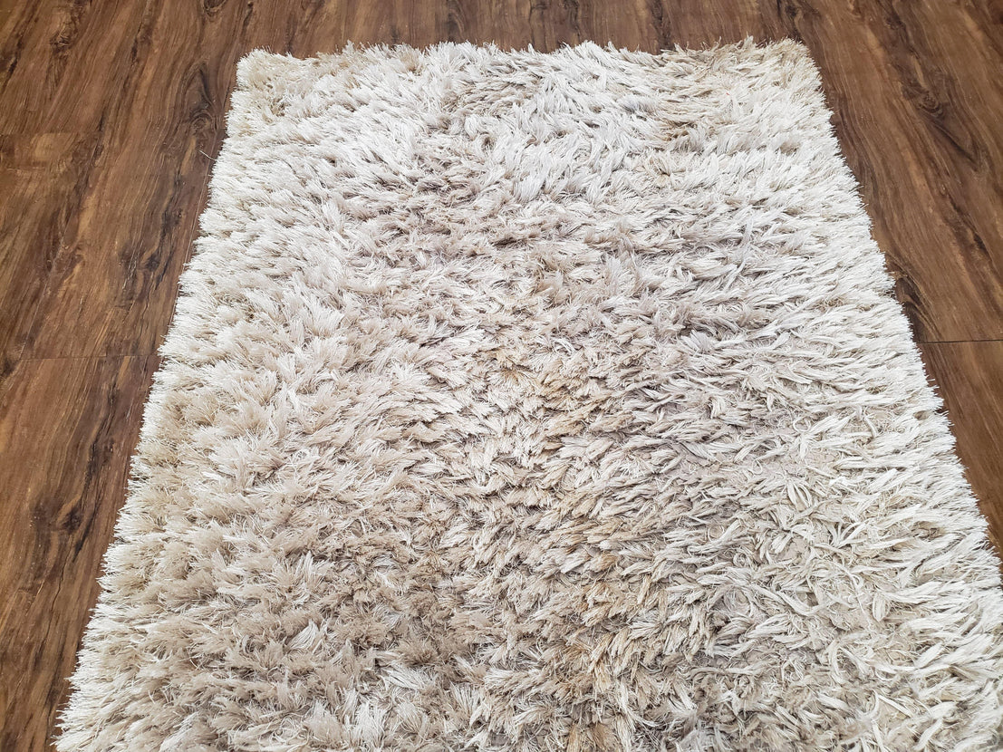 Ivory Shag Rug 3x5, Small Flokati Carpet 3 x 5, Shaggy Shimmer