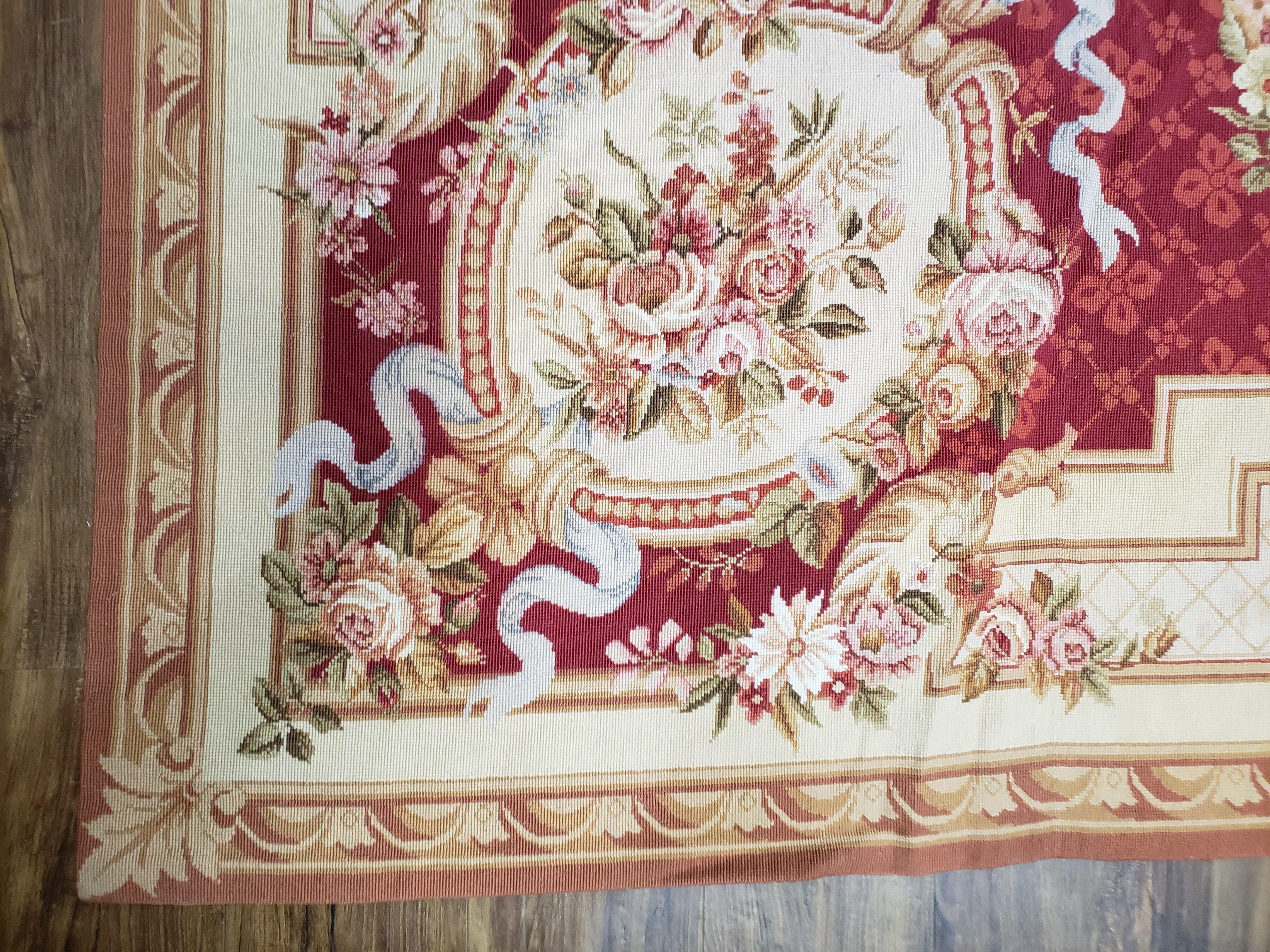 Vintage Aubusson Rug, Aubusson Savonnerie Needlepoint Area Rug 8x11, Handmade Wool Red & Ivory Chinese Aubusson European Carpet, Flat Pile - Jewel Rugs