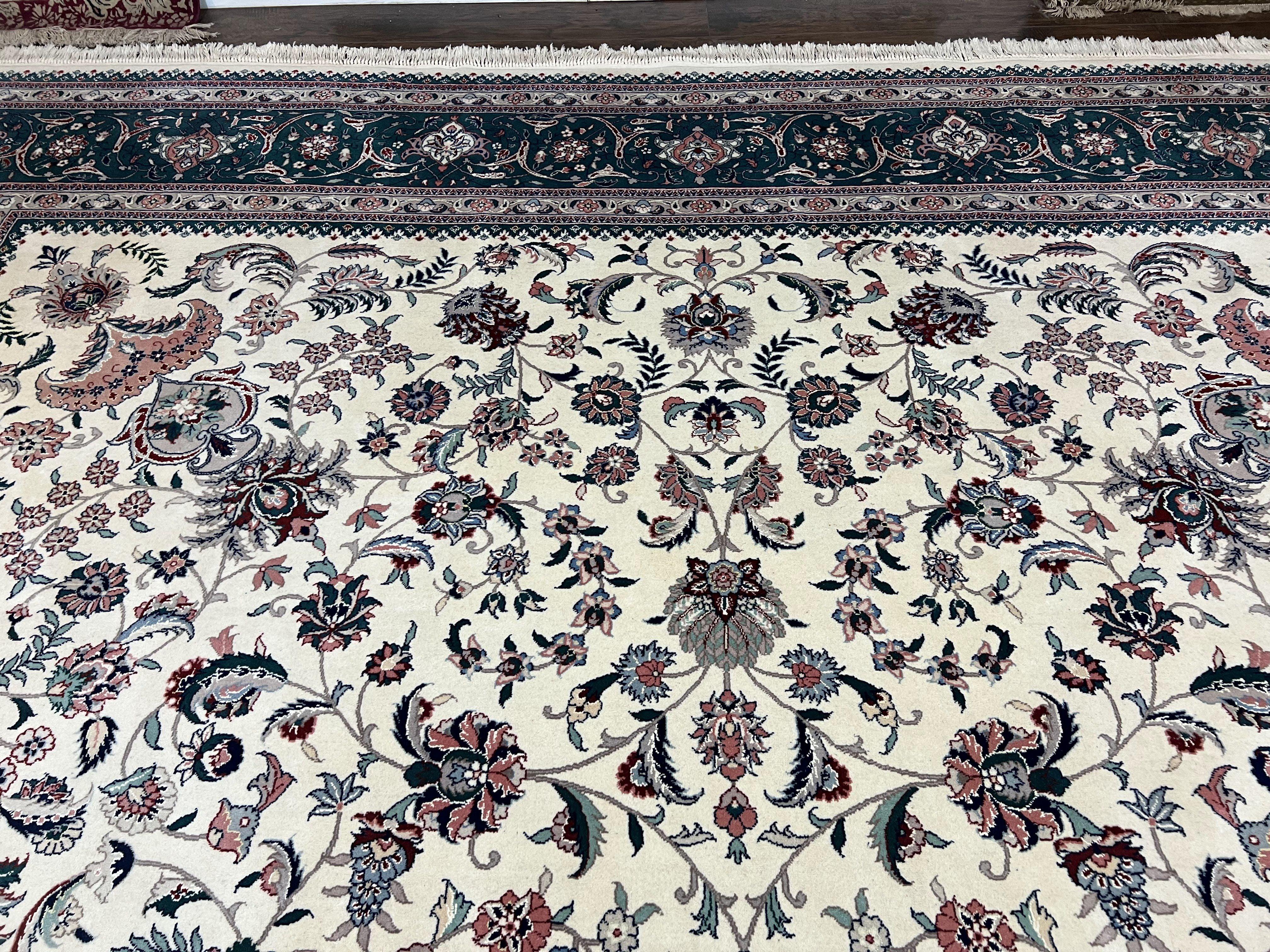 Oversized Persian Rug 12x18, Palace Sized Wool Oriental Carpet Handmade, Ivory/Cream Midnight Green, Floral Allover, Elegant, Traditional - Jewel Rugs