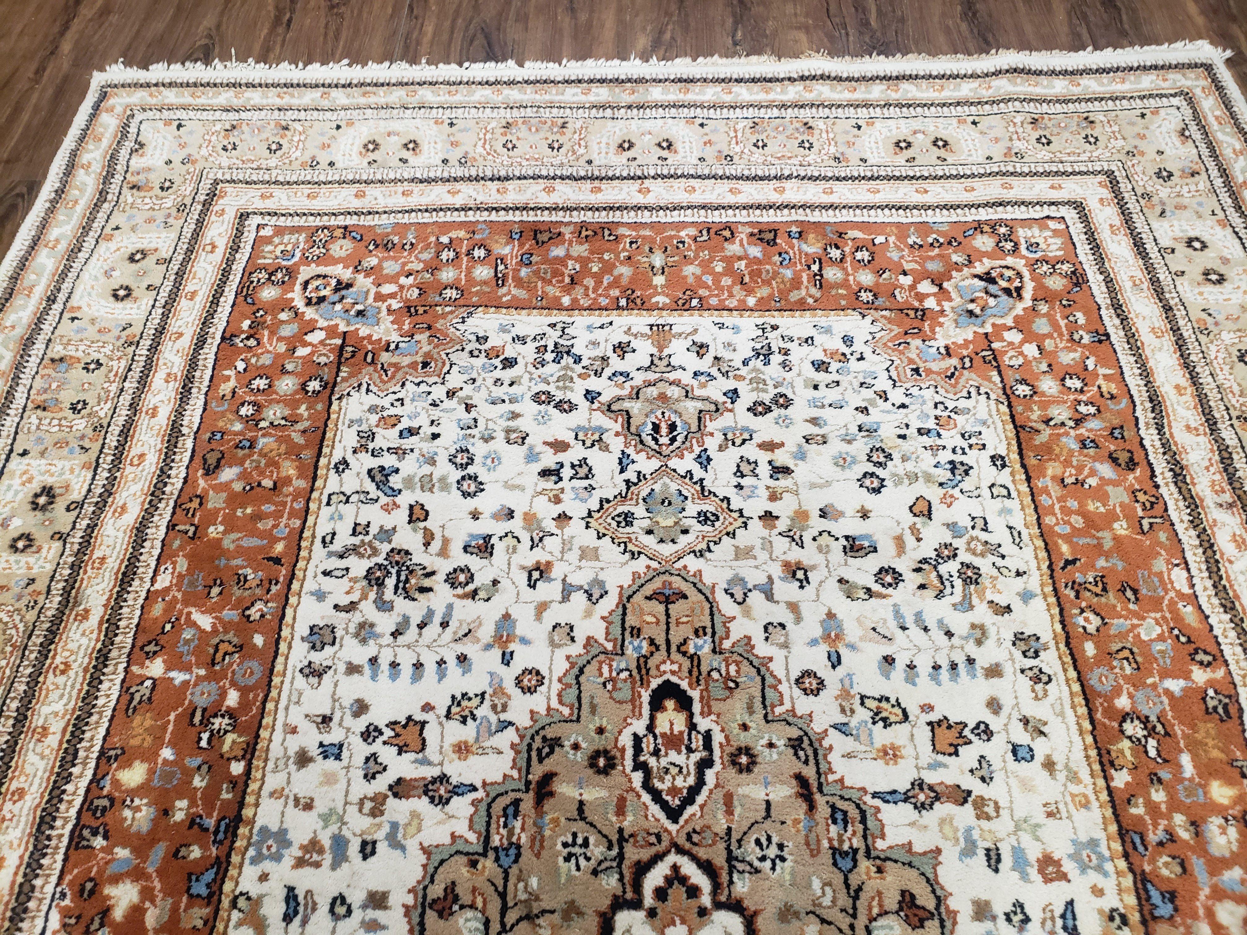 6x9 Vintage Indo-Persian Area Rug, Wool Hand-Knotted Carpet, Ivory & Squash Orange, Floral Medallion Tribal Rug, Indian Carpet, Decorative - Jewel Rugs