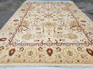 Vintage Oushak Area Rug, Hand-Knotted, Wool, Cream Beige Maroon, 10x15 Rug, 10x14 Rug, Large Oriental Carpet - Jewel Rugs