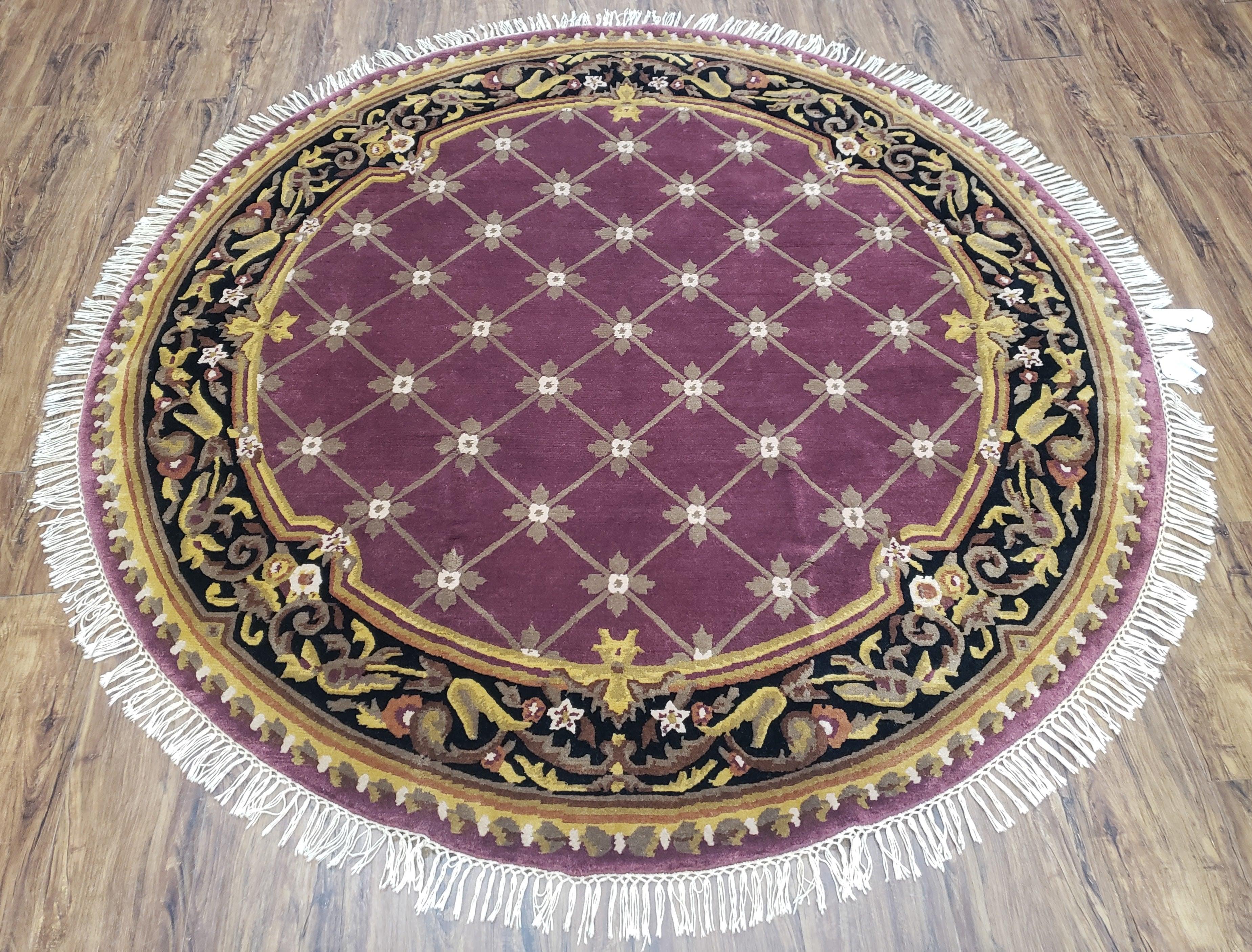 6ft Round Mauve Hand-Knotted Vintage Carpet, Nepalese Aubusson Area Rug 6x6, Wool Hand-Knotted Red/Purple & Black Circular Rug 6 x 6 ft - Jewel Rugs