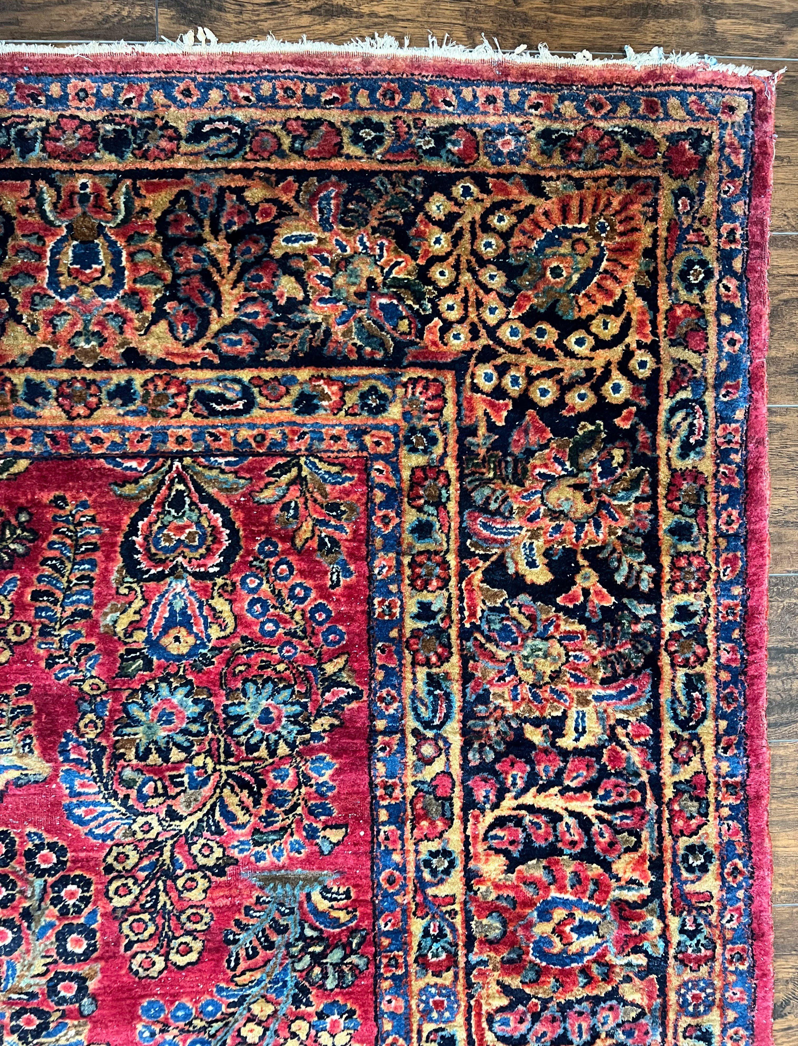 Stunning Persian Sarouk Rug 9 x 16, Antique 1920s Oversized Persian Carpet 9 x 16 ft, Palace Sized Handmade Wool Rug with Signature Red Blue Floral - Jewel Rugs