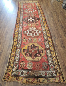 Antique Caucasian Kazak Runner Rug 10.5 ft Long, Red Orange Hand-Knotted Wool Carpet, 3x11 Oriental Runner, Shabby Chic, Boho Rug - Jewel Rugs