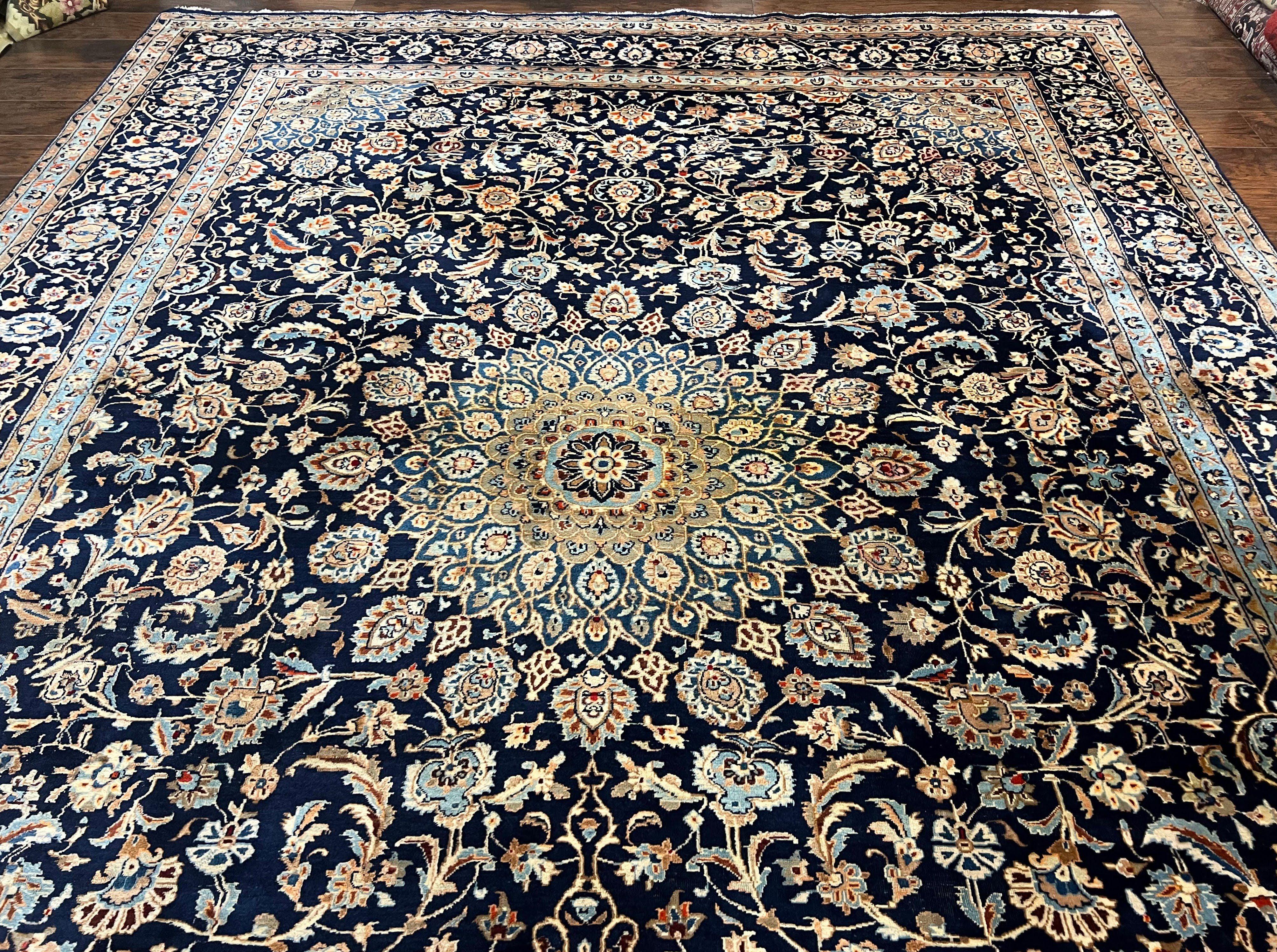 Wonderful Persian Kashan Rug 10x13, Navy Blue Light Blue Tan, Hand Knotted Wool Oriental Carpet Floral Allover Medallion 1950s Semi Antique Vintage - Jewel Rugs