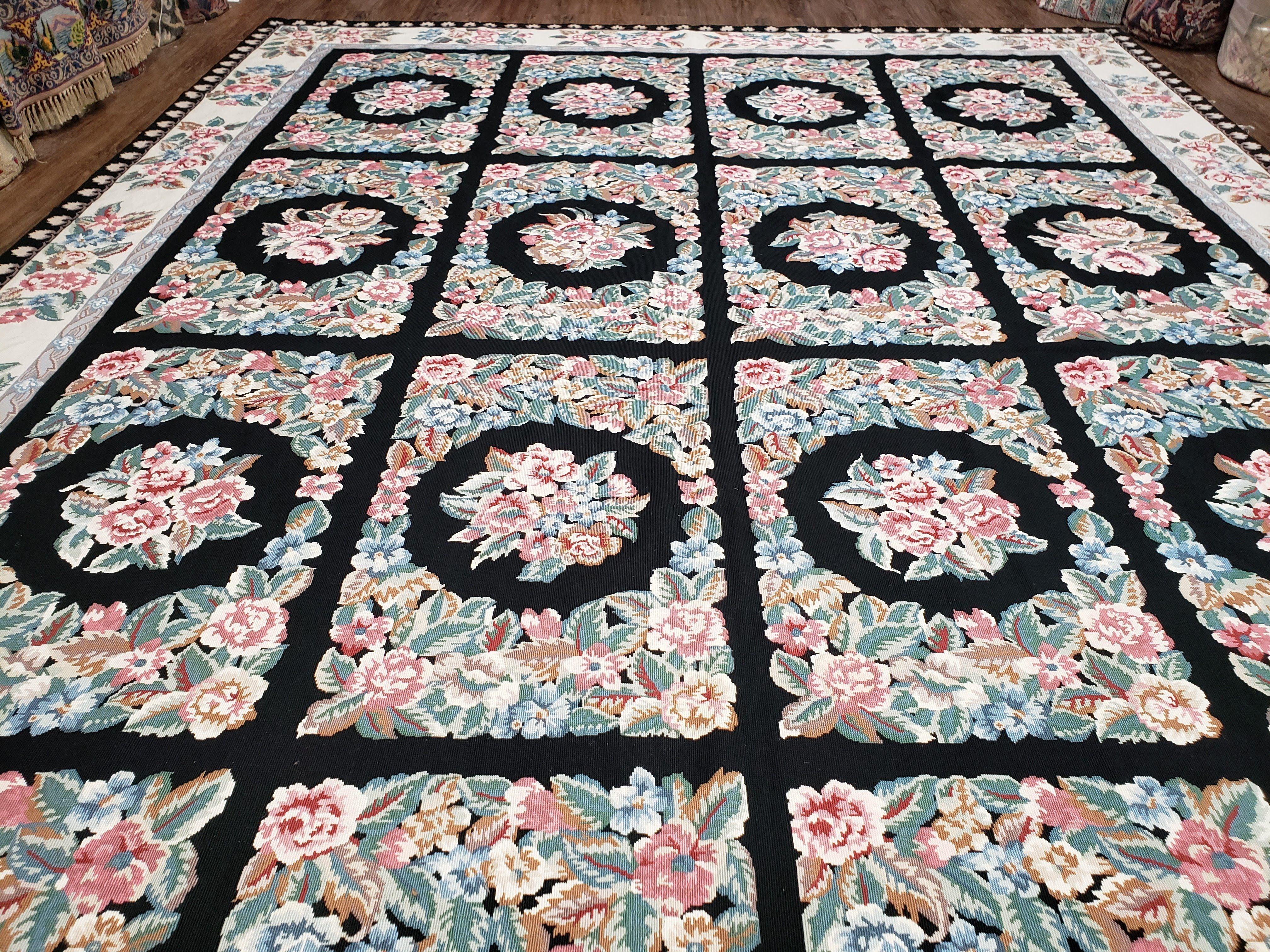 Floral Needlepoint Rug 9.5 x 13.6, Floral Panel Design, Black and Ivory Flatweave Aubusson Carpet, Multicolor - Jewel Rugs