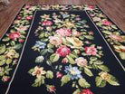 Vintage Black Floral Needlepoint Area Rug 5x8 - 6x9, Large Red & Pink Rose Flowers, Wool Hand-Woven Petitepoint Flatweave Living Room Carpet - Jewel Rugs