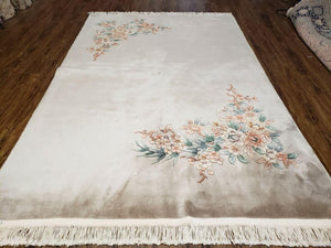 6' X 9' Vintage Handmade Chinese Art Deco 120 Lines Wool Rug Flowers Beige Wow - Jewel Rugs