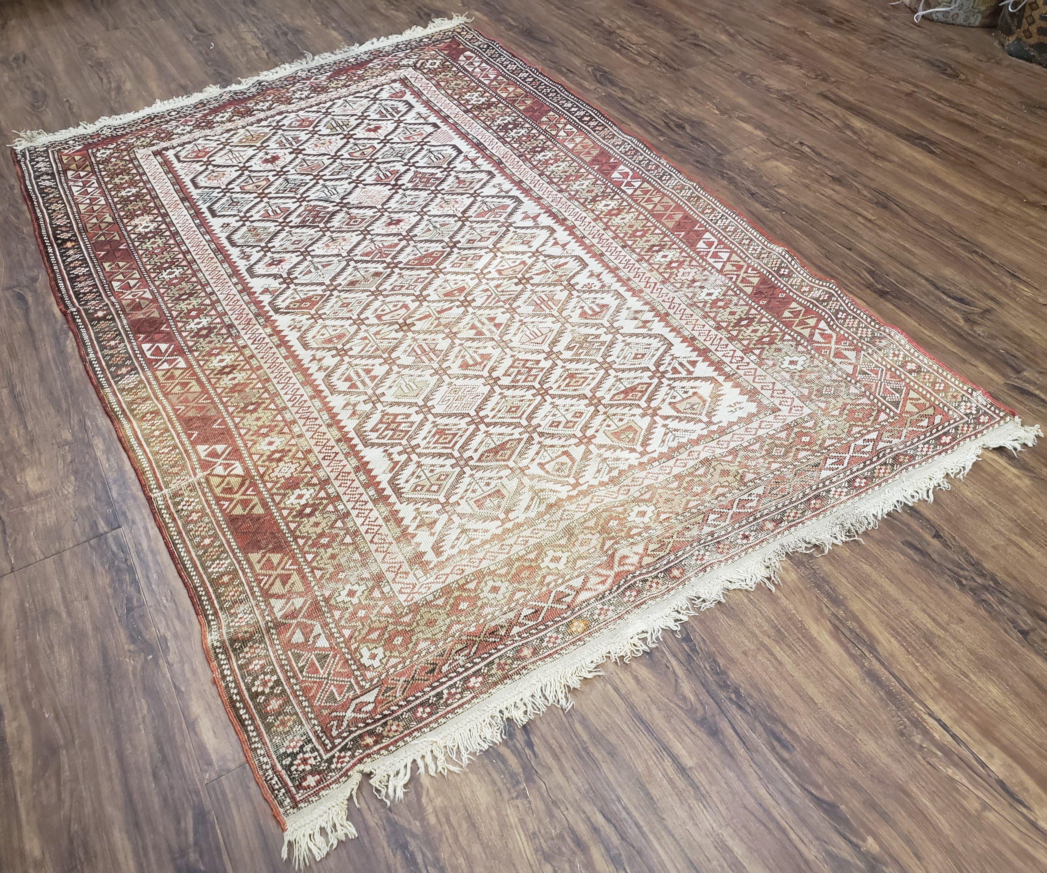 Antique Caucasian Shirvan Rug 4x6, Dagestan Area Rug, Wool Hand-Knotted Soft Red & Ivory 1920s Oriental Carpet, Soft Muted Colors - Jewel Rugs