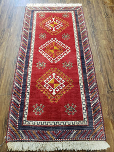 Vintage Turkish Kazak Rug 2.5 x 5 Red Wool Carpet Medallions Runner Geometric - Jewel Rugs