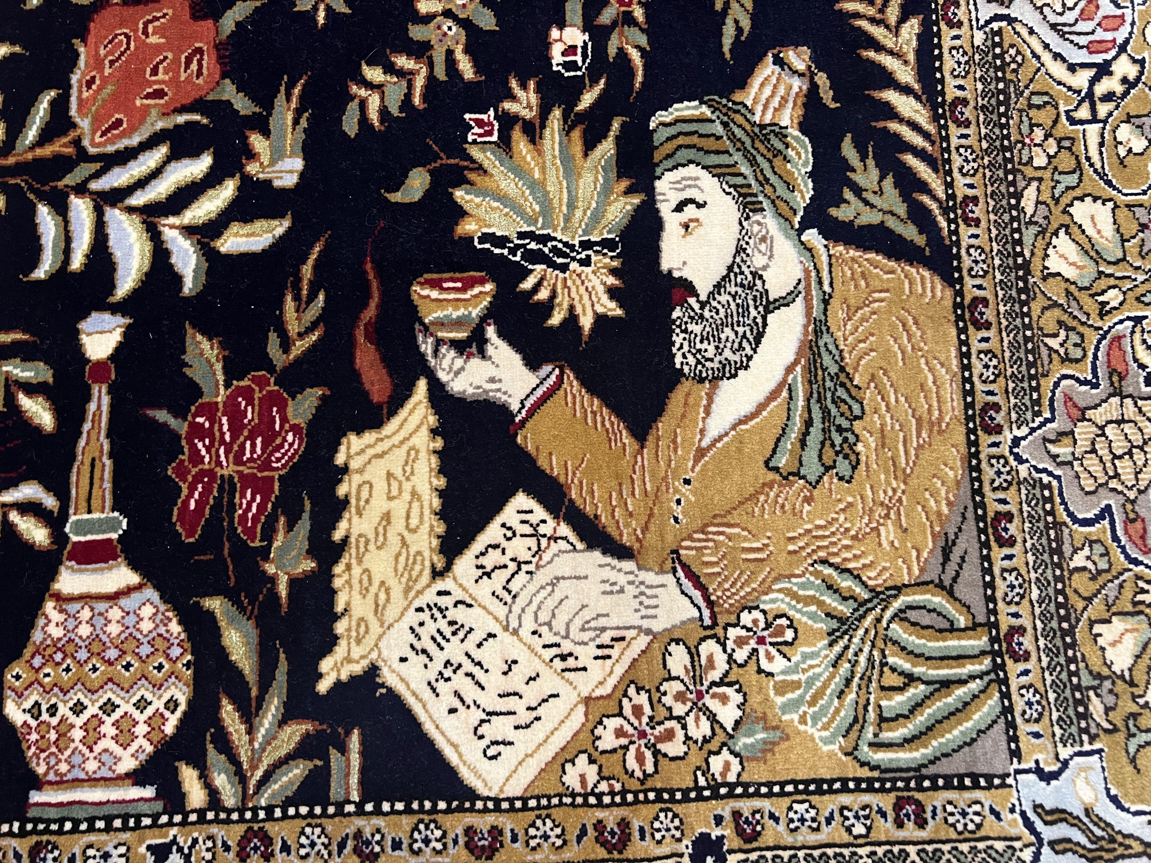 Persian Qum Pictorial Rug 4.8 x 6.5 - Layla & Majnun, Birds - Jewel Rugs