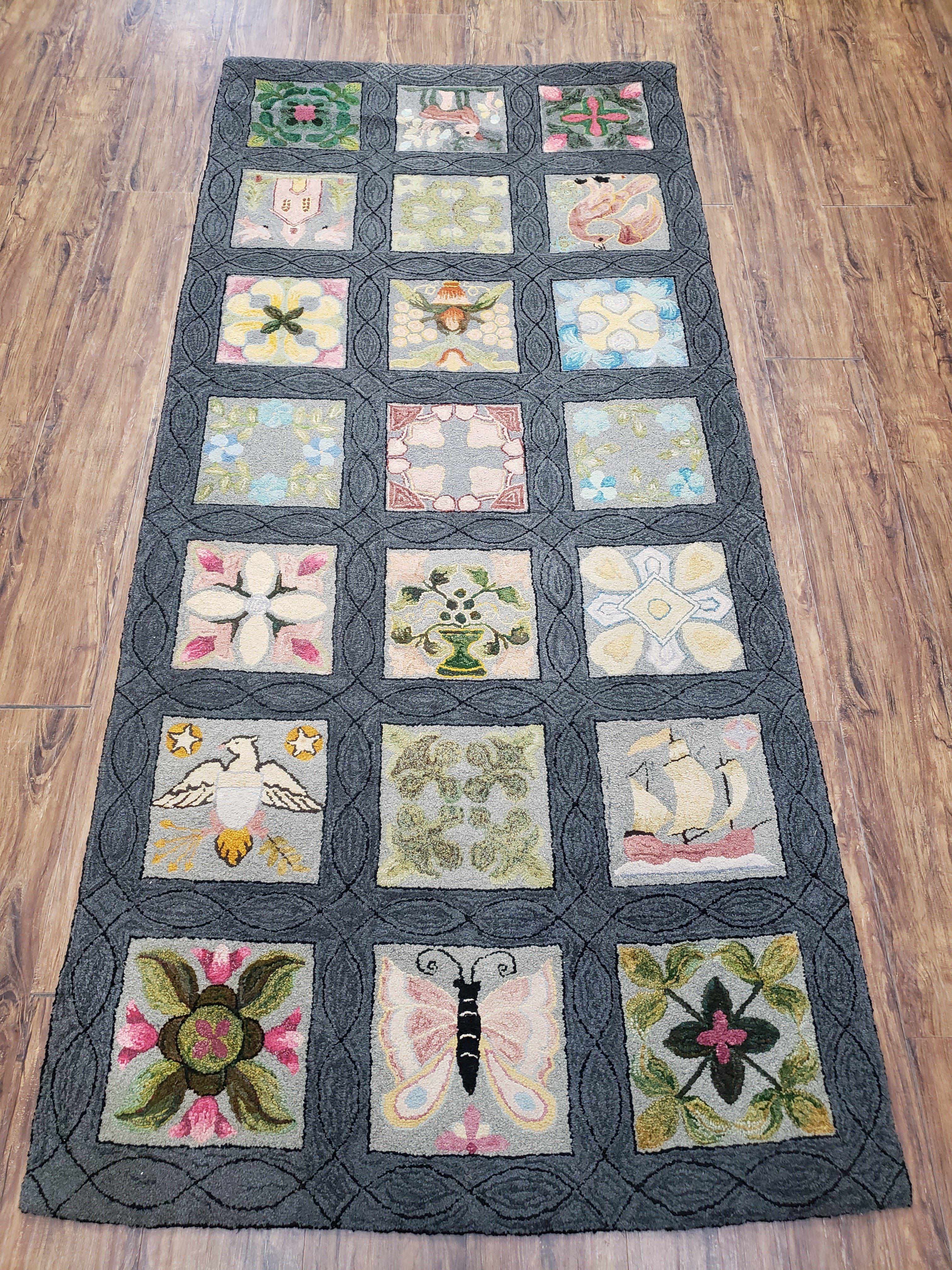 American Hooked Rug 3' 6" x 7' 9", Panel Design, Flowers, Vase, Butterfly, Bird, Handmade Hooked Carpet, Vintage Hand Hooked Runner Rug - Jewel Rugs