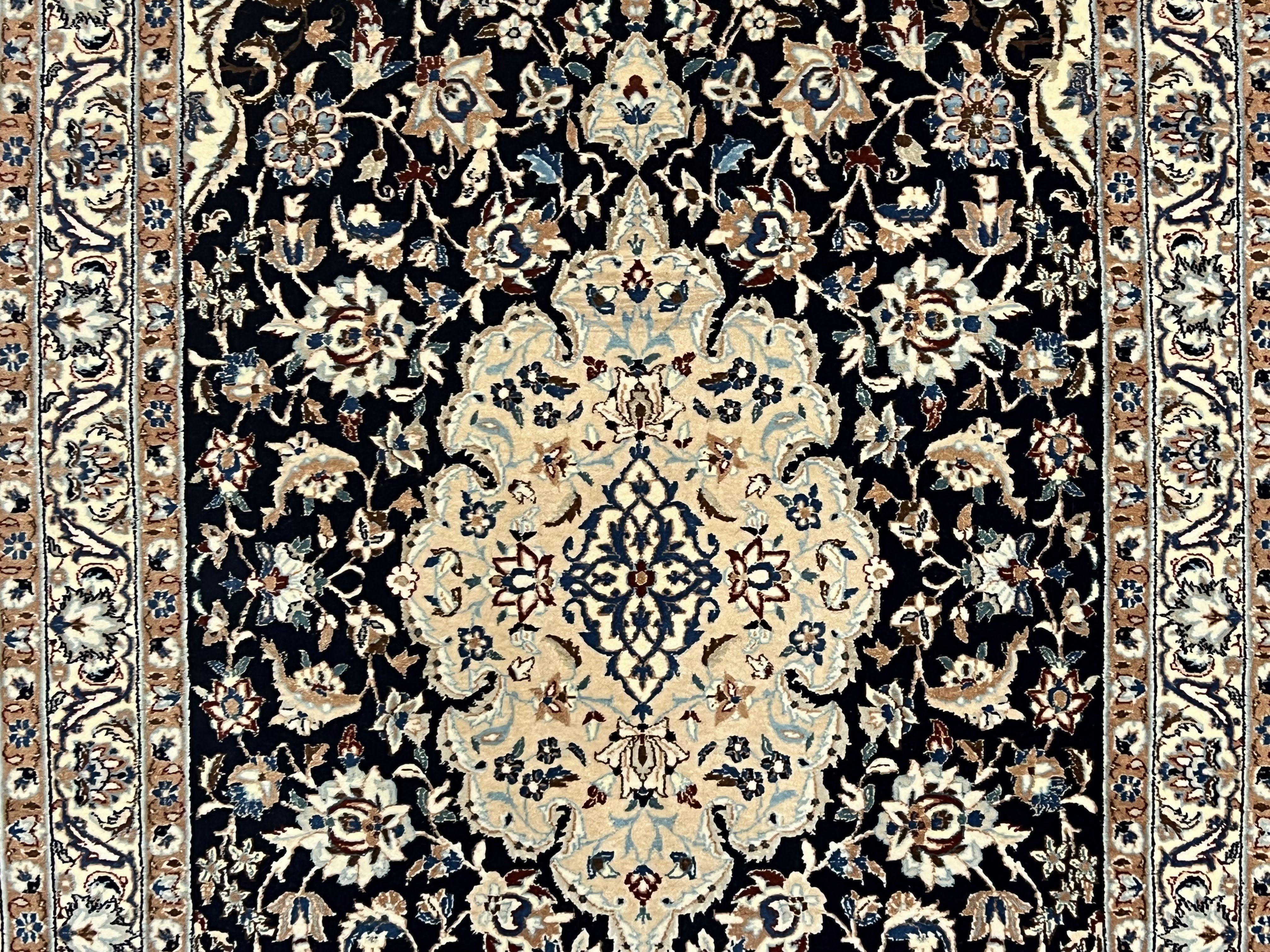 Fine Vintage Persian Nain Rug 2.8 x 4.2, Floral Medallion, Navy Blue and Cream, Highly Detailed, Small Oriental Rug 2.5 x 4, Hand Knotted Wool & Silk Accents - Jewel Rugs