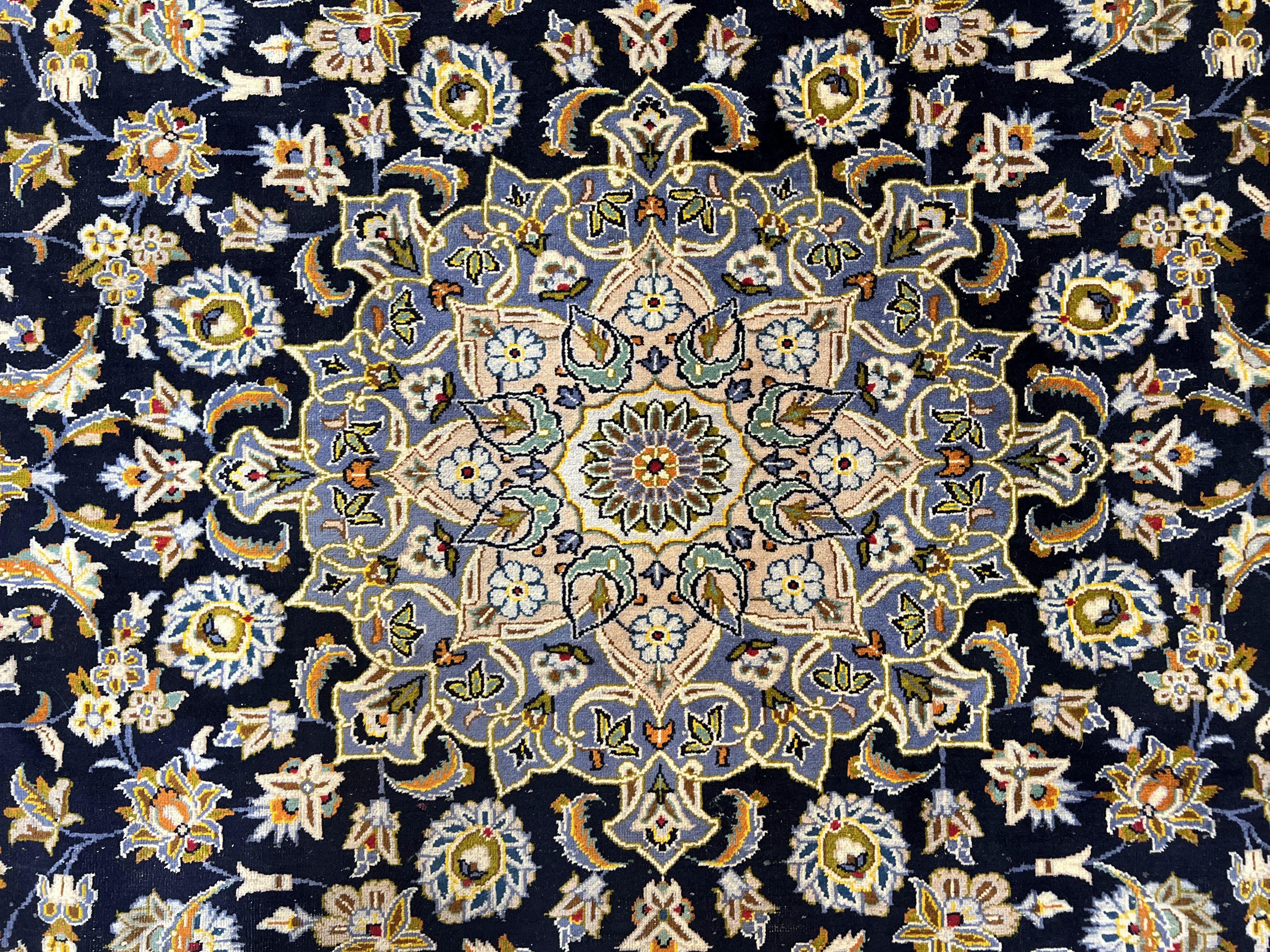 Wonderful Navy Blue Persian Kashan Rug 11x13, Allover Floral Design with Central Medallion, Wool Hand-Knotted Antique Carpet, Signed Rabani Rug - Jewel Rugs