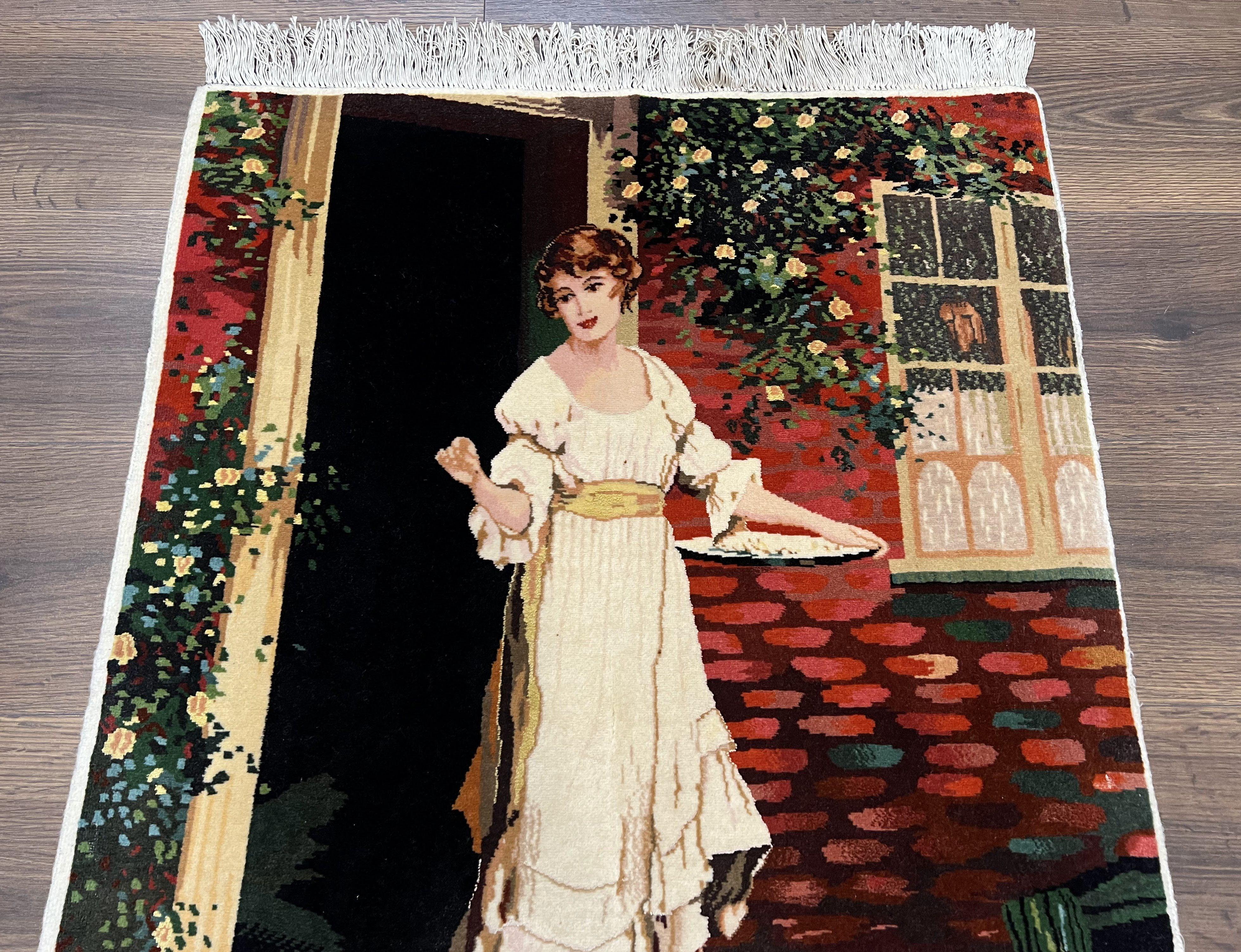 Persian Tabriz Pictorial Rug 2x3, Fine High KPSI Pictorial Carpet, Lady in Front of Home with Chickens 2 x 3 ft Oriental Rug Vintage Handmade Wool - Jewel Rugs