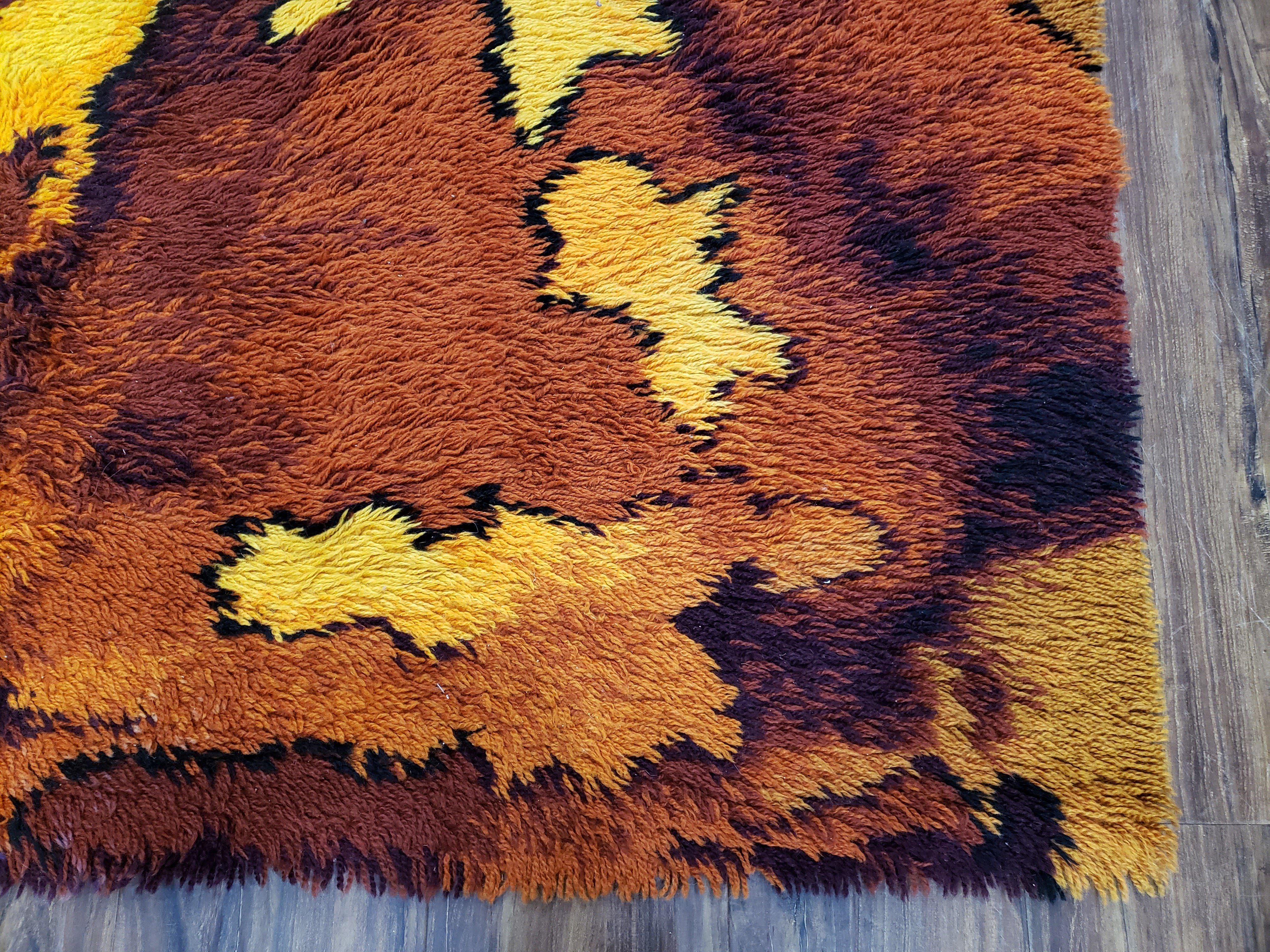 Mid Century Modern Shag Rug, Danish Rya Rug, 3.9 x 5.6 ft, Yellow Orange Maroon Shag Rug, Medium Size, 4x6 Shag Rugs, 1960s Abstract Rug - Jewel Rugs