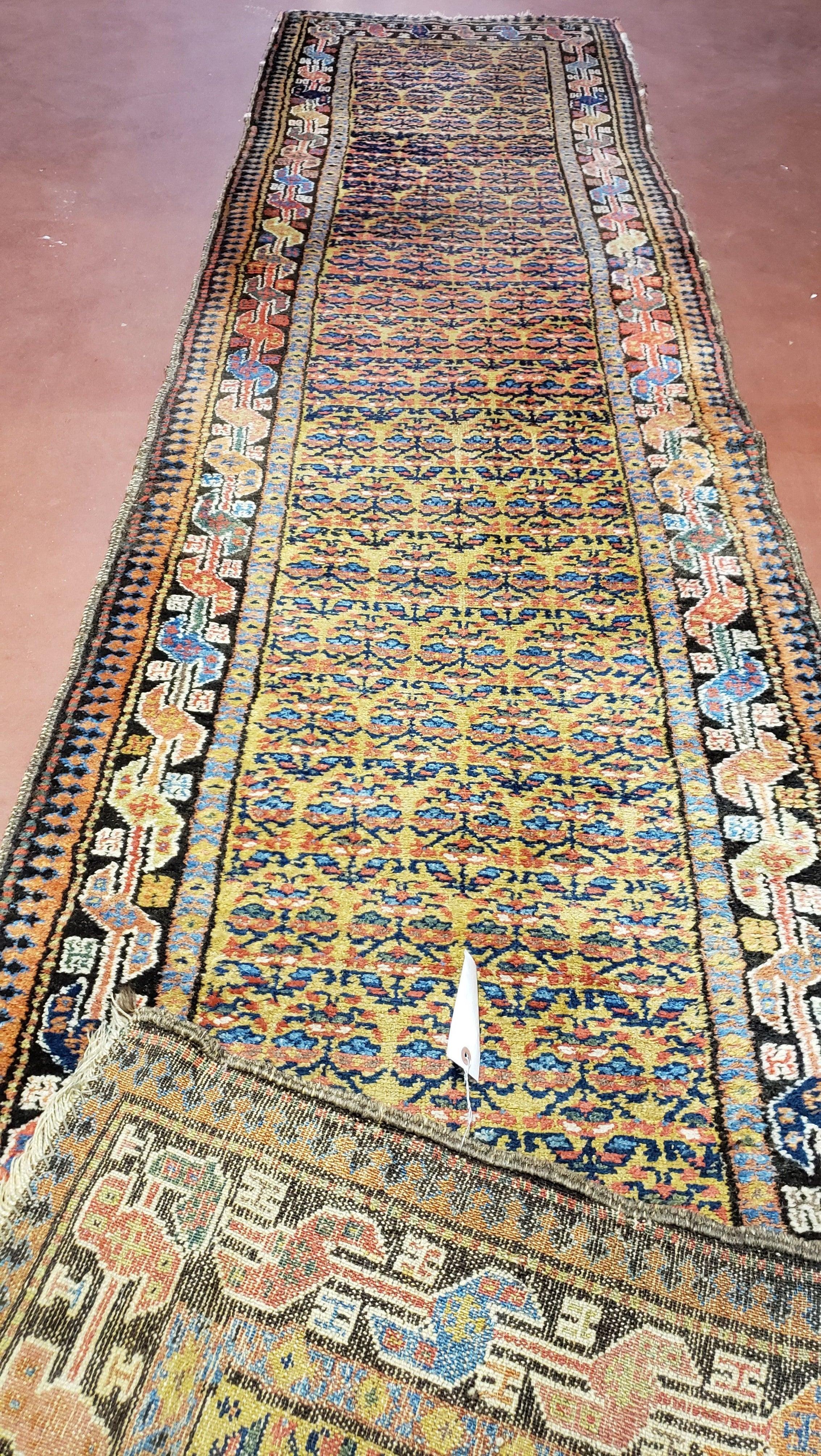 2' 9" x 12' Antique Runner Rug Mustard Yellow Gold Colorful Caucasian Karabagh Kazak Tribal 12ft Runner Nomadic Rug Collectible Carpet Rare - Jewel Rugs