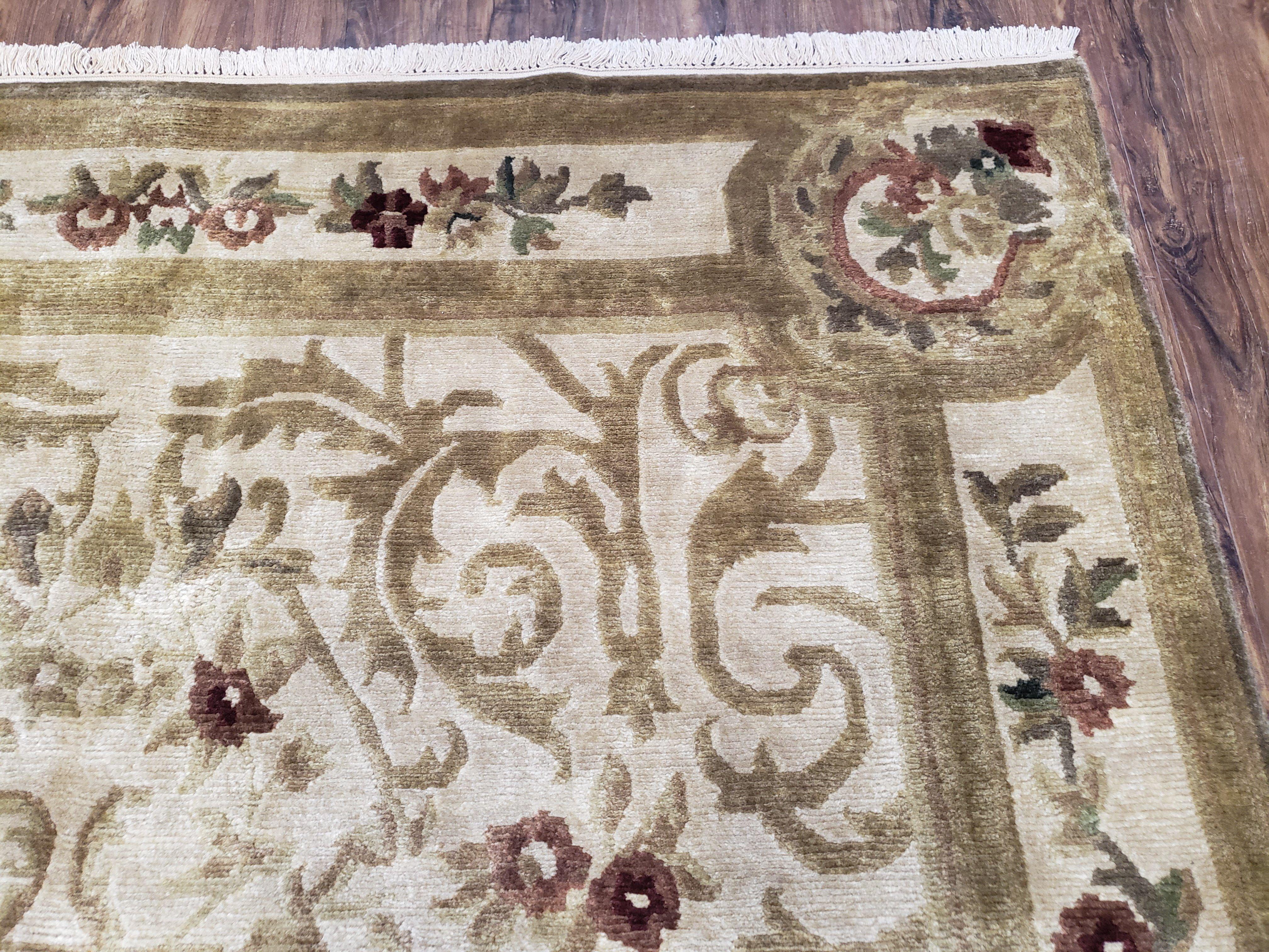 Vintage Nepali Tibetan Aubusson Rug 6x9, Wool Hand-Knotted Cream Beige Carpet, Leaves & Floral Pattern 6 x 9 Soft Area Rug Home Office Rug - Jewel Rugs