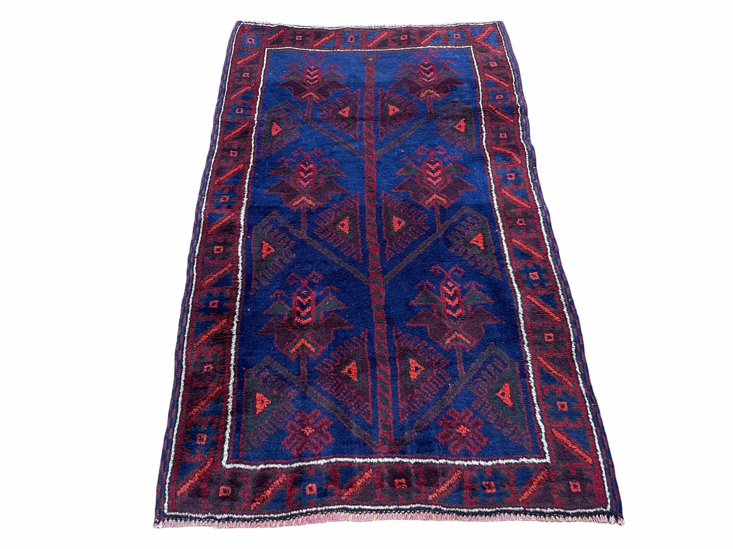 2'10"X 4'7" Vintage Handmade Tribal Wool Rug Balouchi Rug Afghan Rug Blue Red - Jewel Rugs