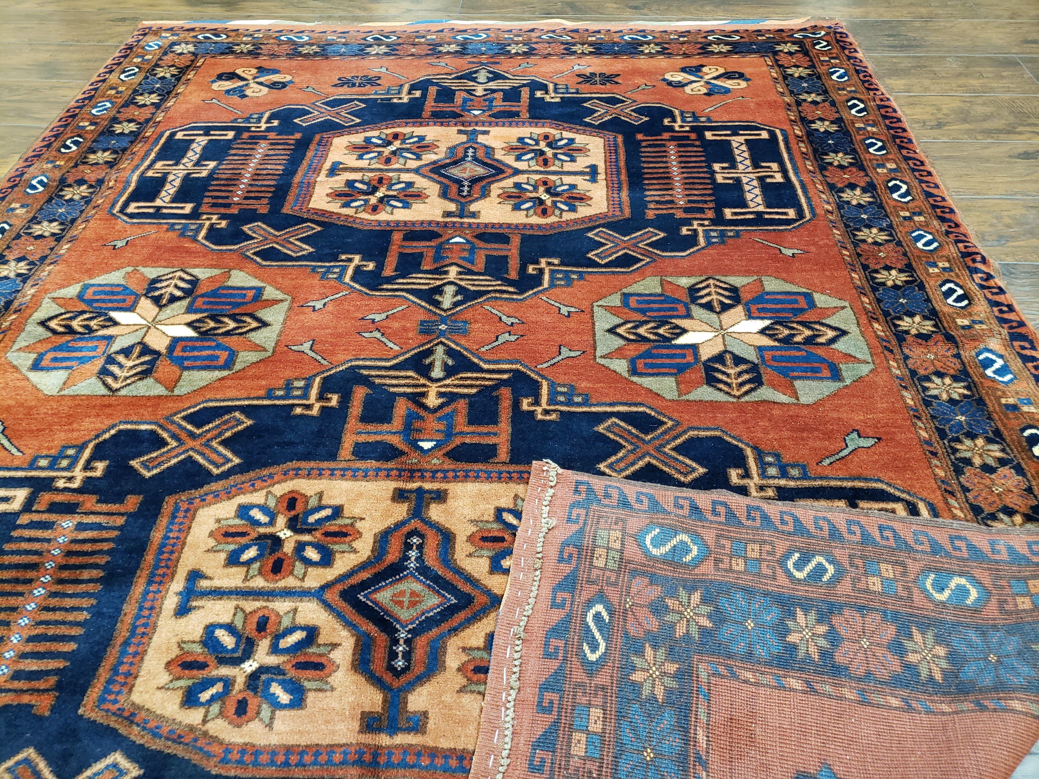 Vintage Afghan Bashir Area Rug 5x7 - 6x8, Wool Hand-Knotted Handmade Red & Navy Blue Tribal Antique Boho Carpet, Foyer Room Rug, Medallions - Jewel Rugs