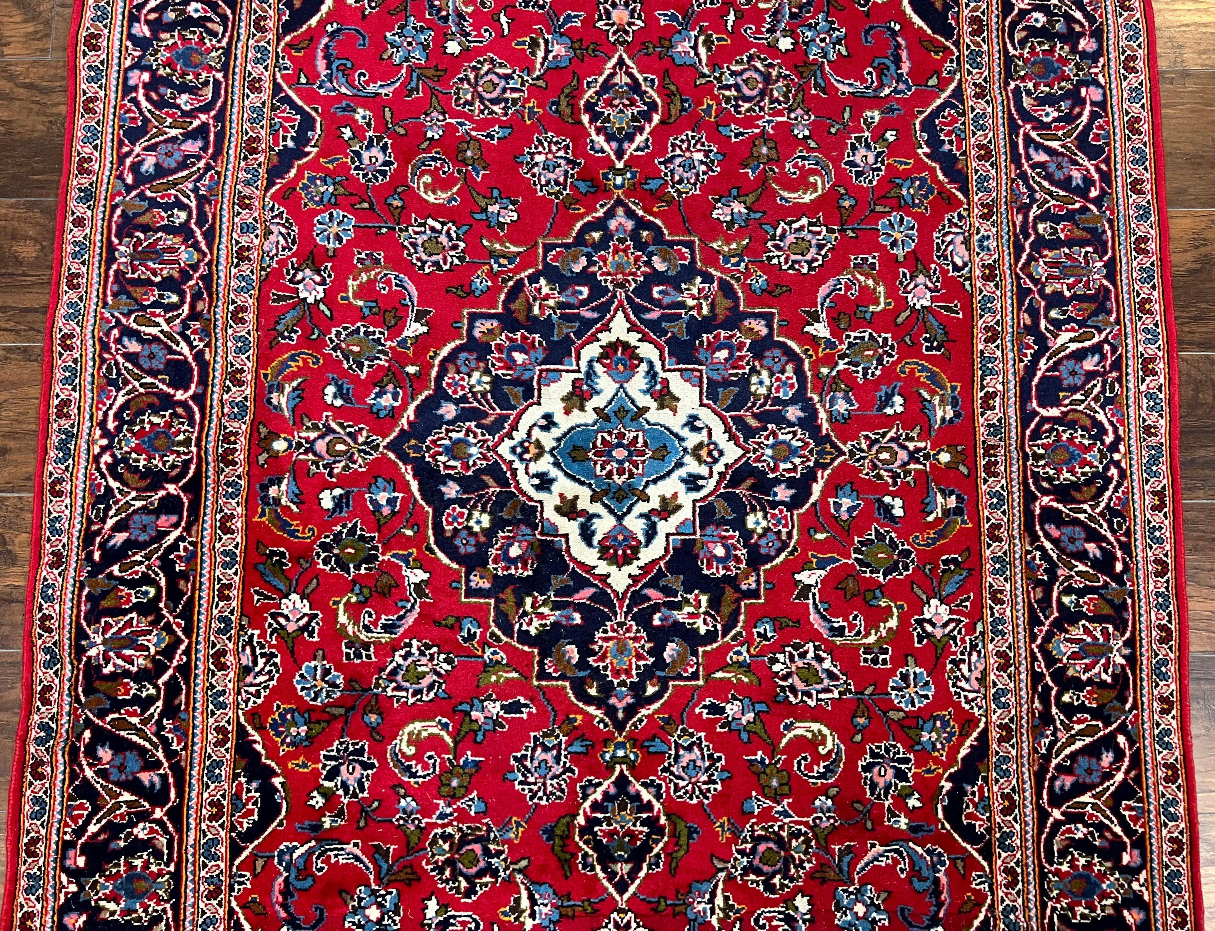 Persian Kashan Rug 4.9 x 8.5, Red and Navy Blue Semi Antique Vintage Wool Oriental Carpet, Hand Knotted Rug, Floral Medallion, High Quality Rug - Jewel Rugs