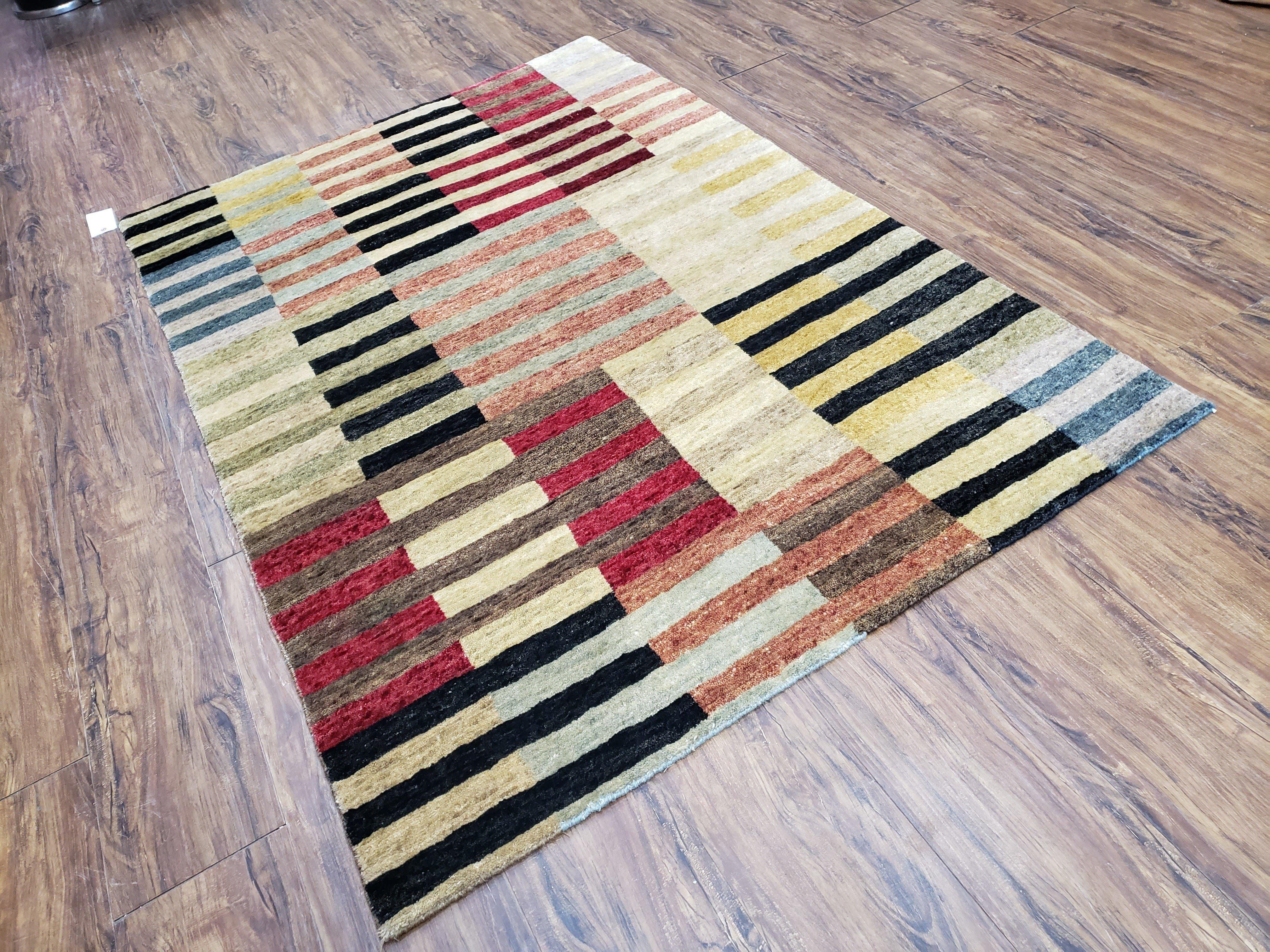 Modern Tibetan Rug 4' x 5' 9", Medium Sized Abstract Handmade Carpet, Hand-Knotted Soft Pile Wool Rug, Multicolor Contemporary Rug, Colorful - Jewel Rugs