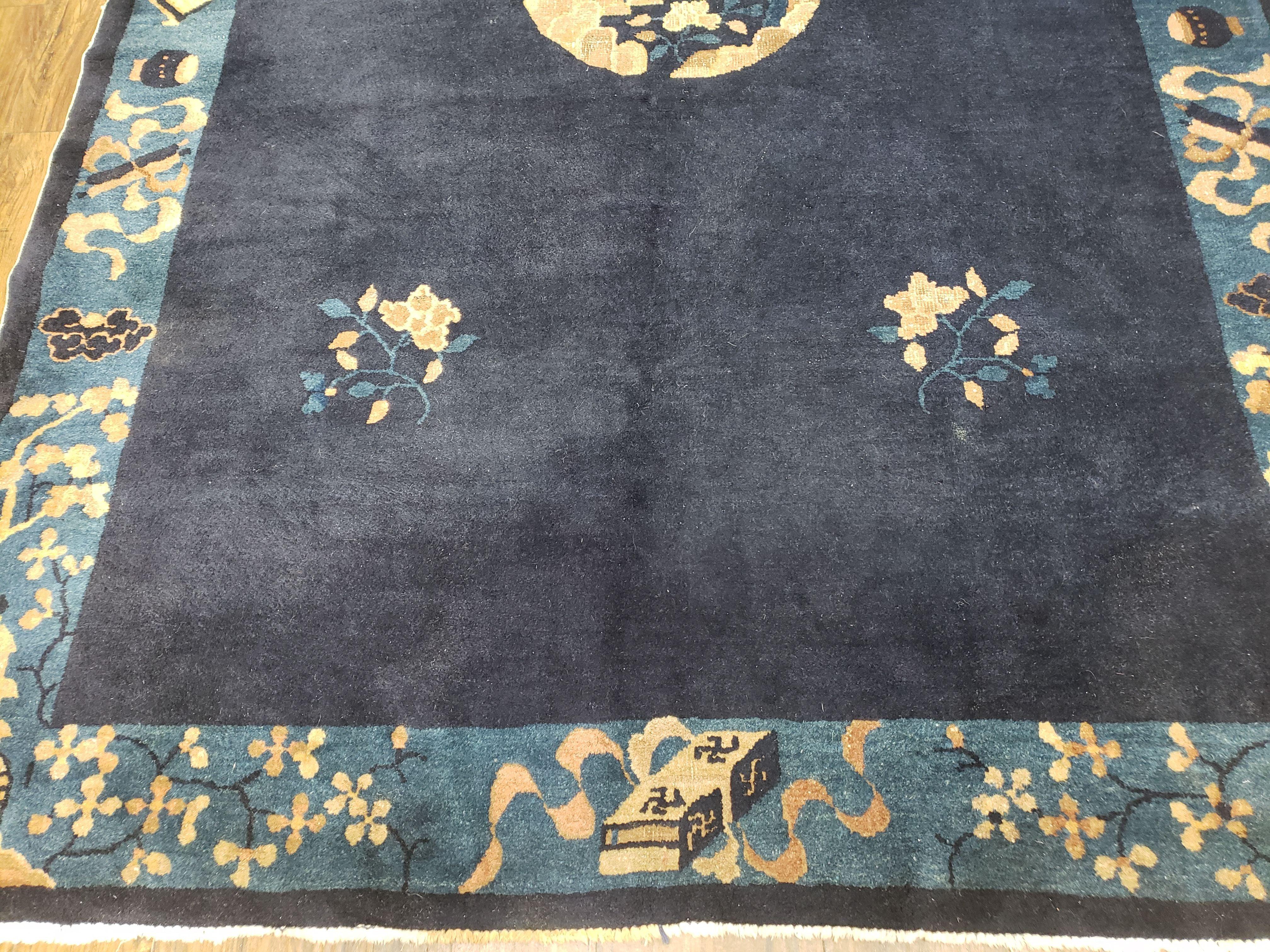 Antique Chinese Peking Area Rug, Hand-Knotted, Dark Blue, Wool, 5x7 Asian Pagoda Oriental Carpet, Rare, 5'1" x 7'6" Traditional Chinese Rug - Jewel Rugs